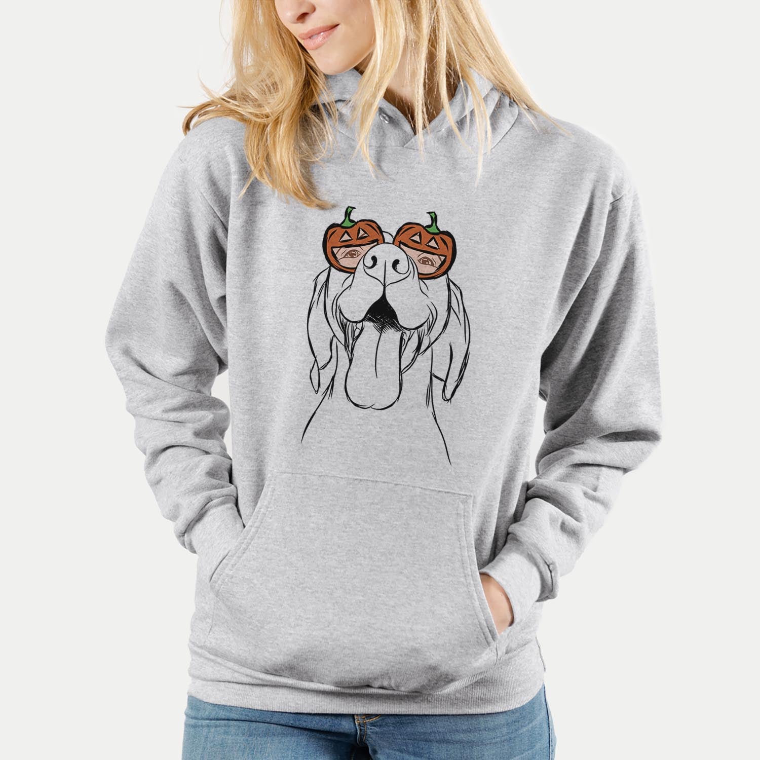 Hand-drawn sketch of Rhys the Vizsla wearing pumpkin glasses on a Grey pumpkin collection