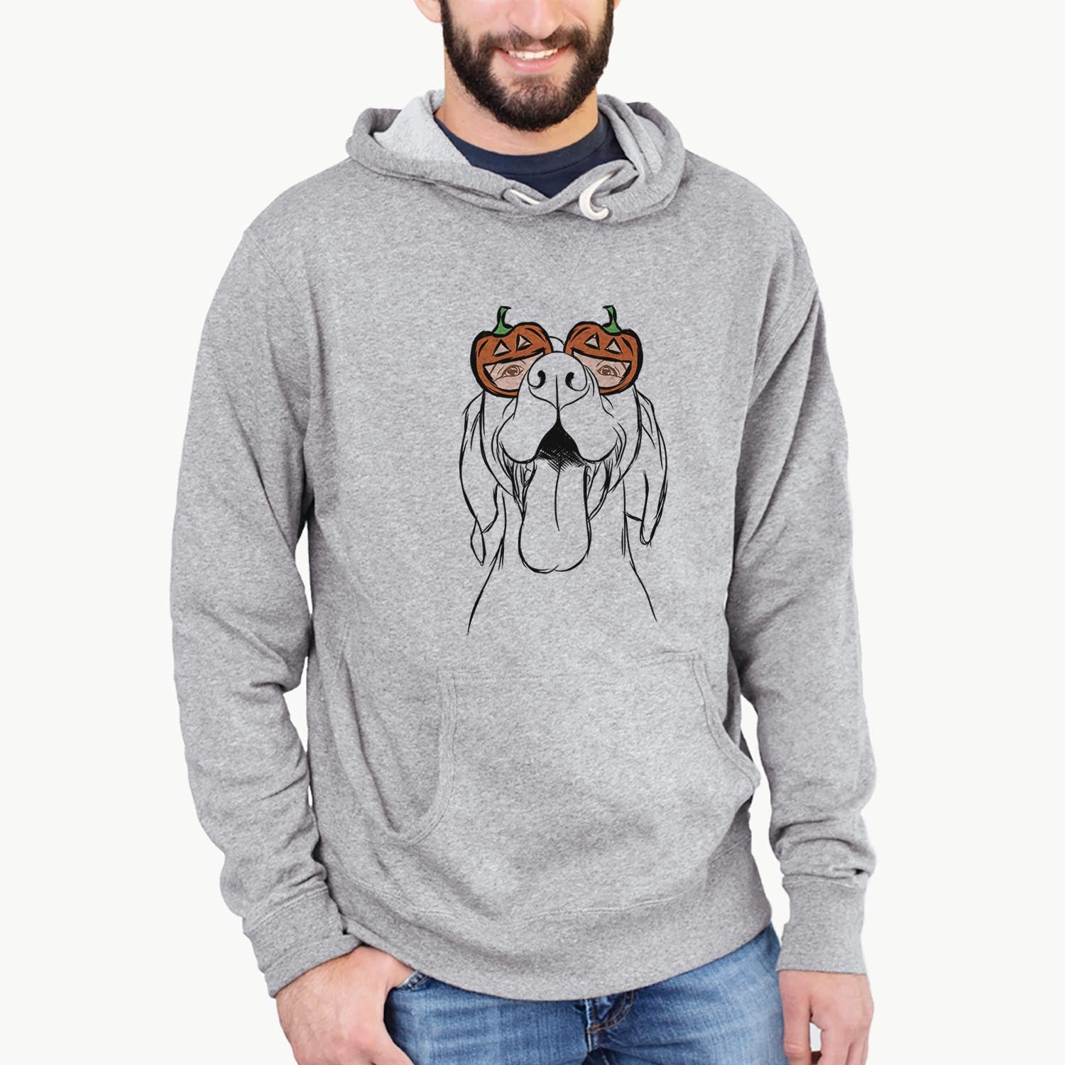 Hand-drawn sketch of Rhys the Vizsla wearing pumpkin glasses on a Grey pumpkin collection