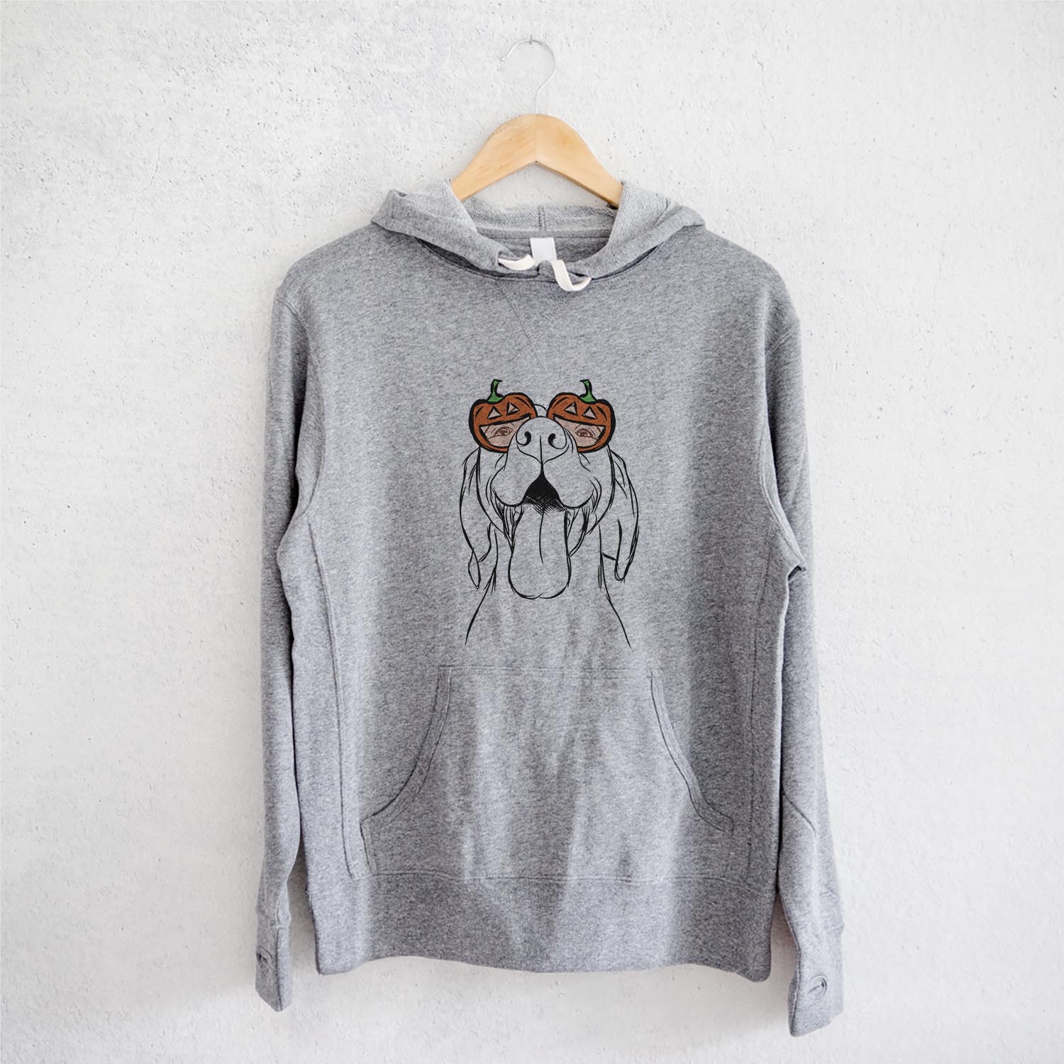 Hand-drawn sketch of Rhys the Vizsla wearing pumpkin glasses on a Grey pumpkin collection, on a hanger