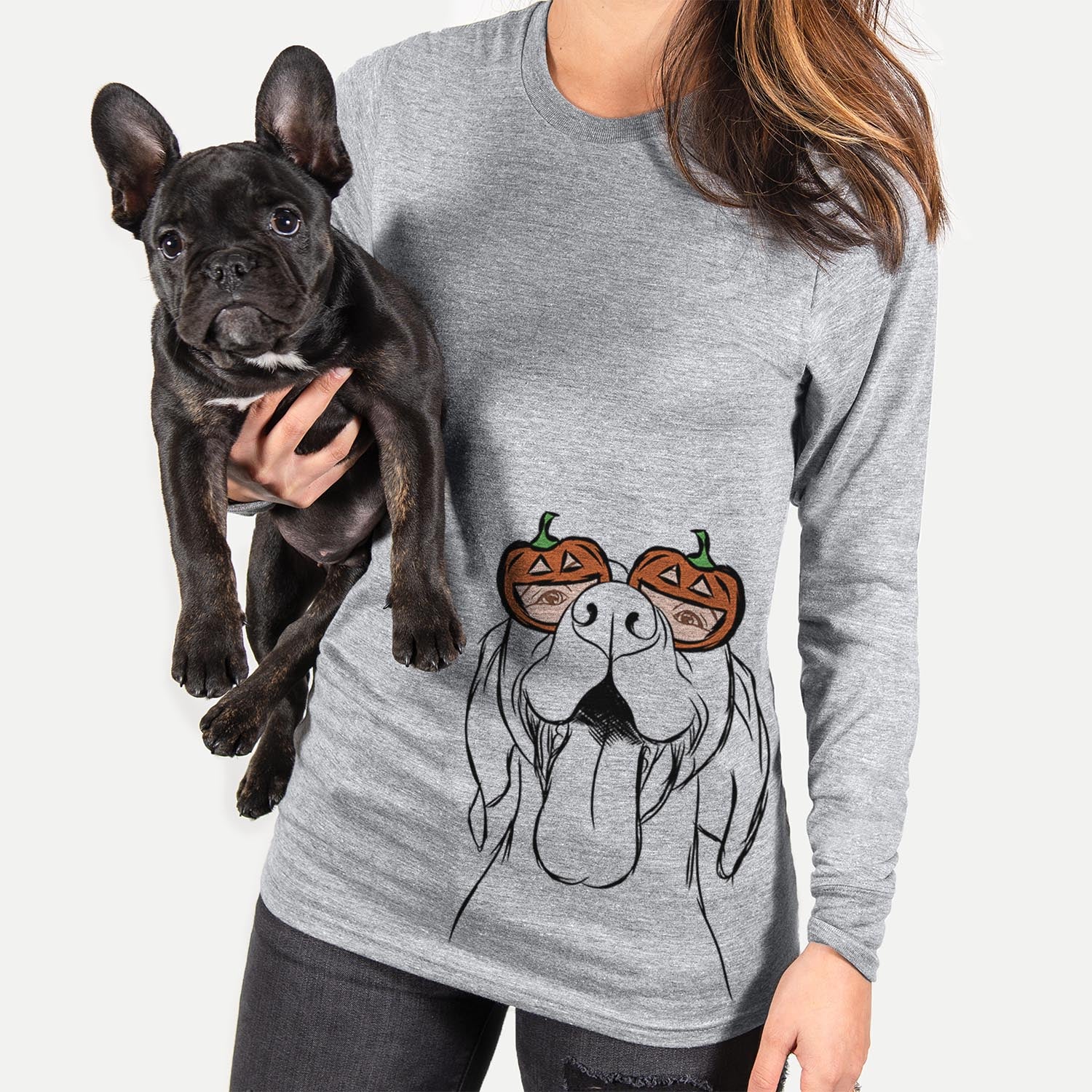 Hand-drawn sketch of Rhys the Vizsla wearing pumpkin glasses on a Grey pumpkin collection