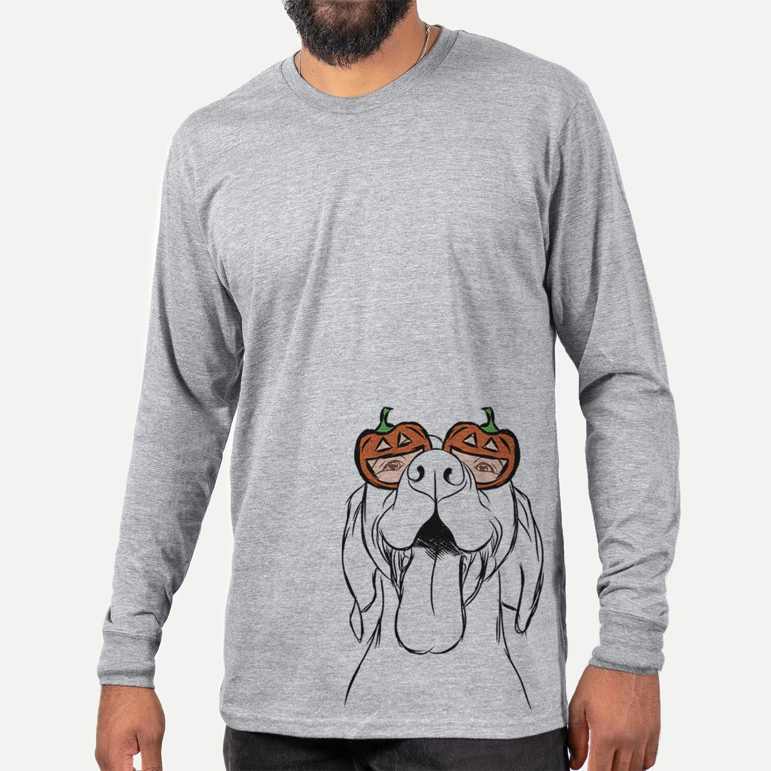 Hand-drawn sketch of Rhys the Vizsla wearing pumpkin glasses on a Grey pumpkin collection, hanging on a wall