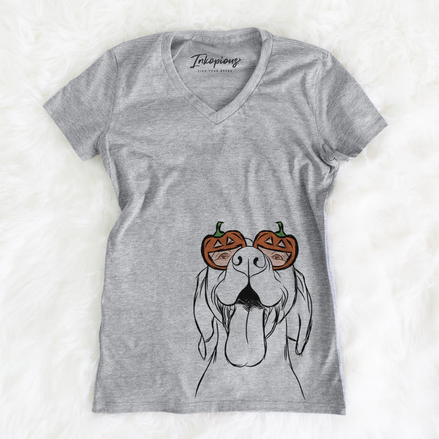 Hand-drawn sketch of Rhys the Vizsla wearing pumpkin glasses on a Grey pumpkin collection, on a hanger