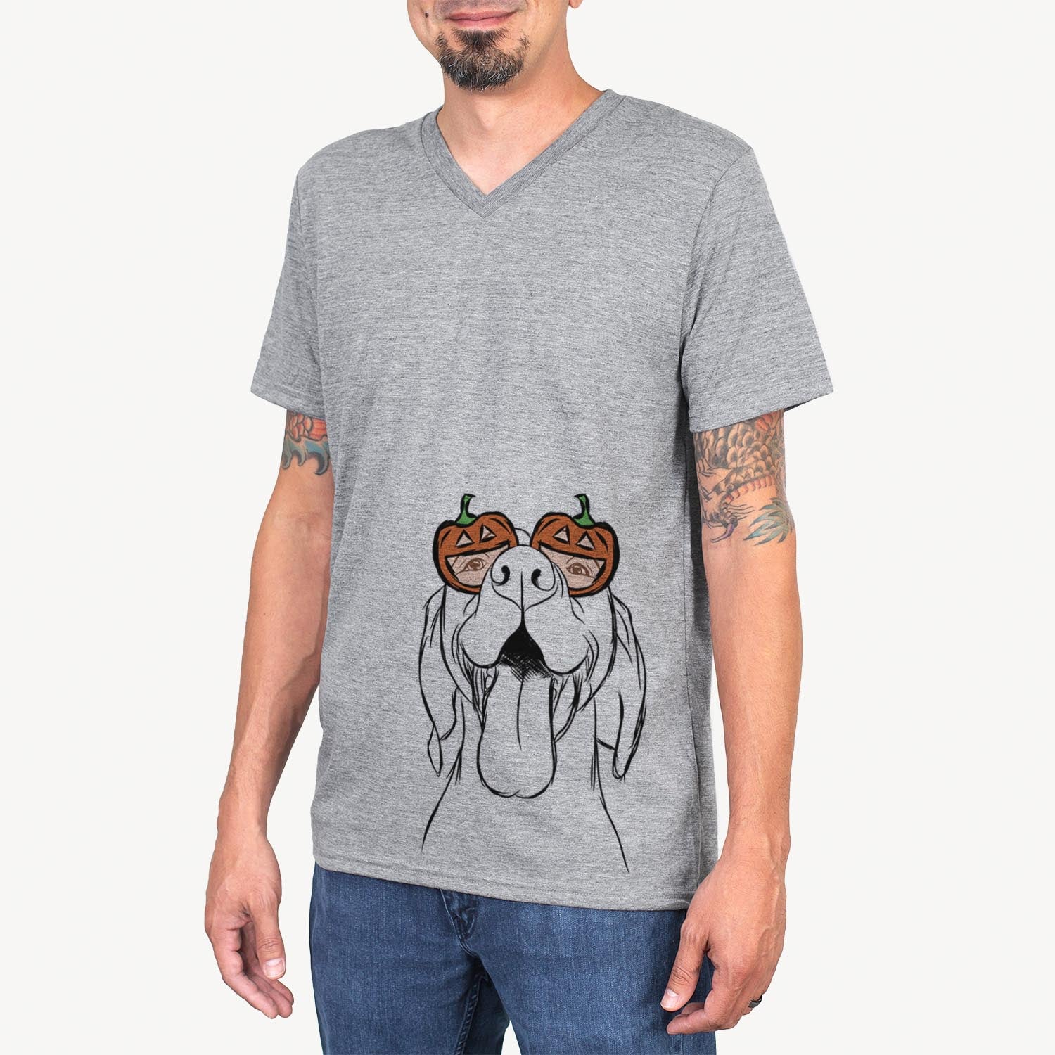 Hand-drawn sketch of Rhys the Vizsla wearing pumpkin glasses on a Grey pumpkin collection