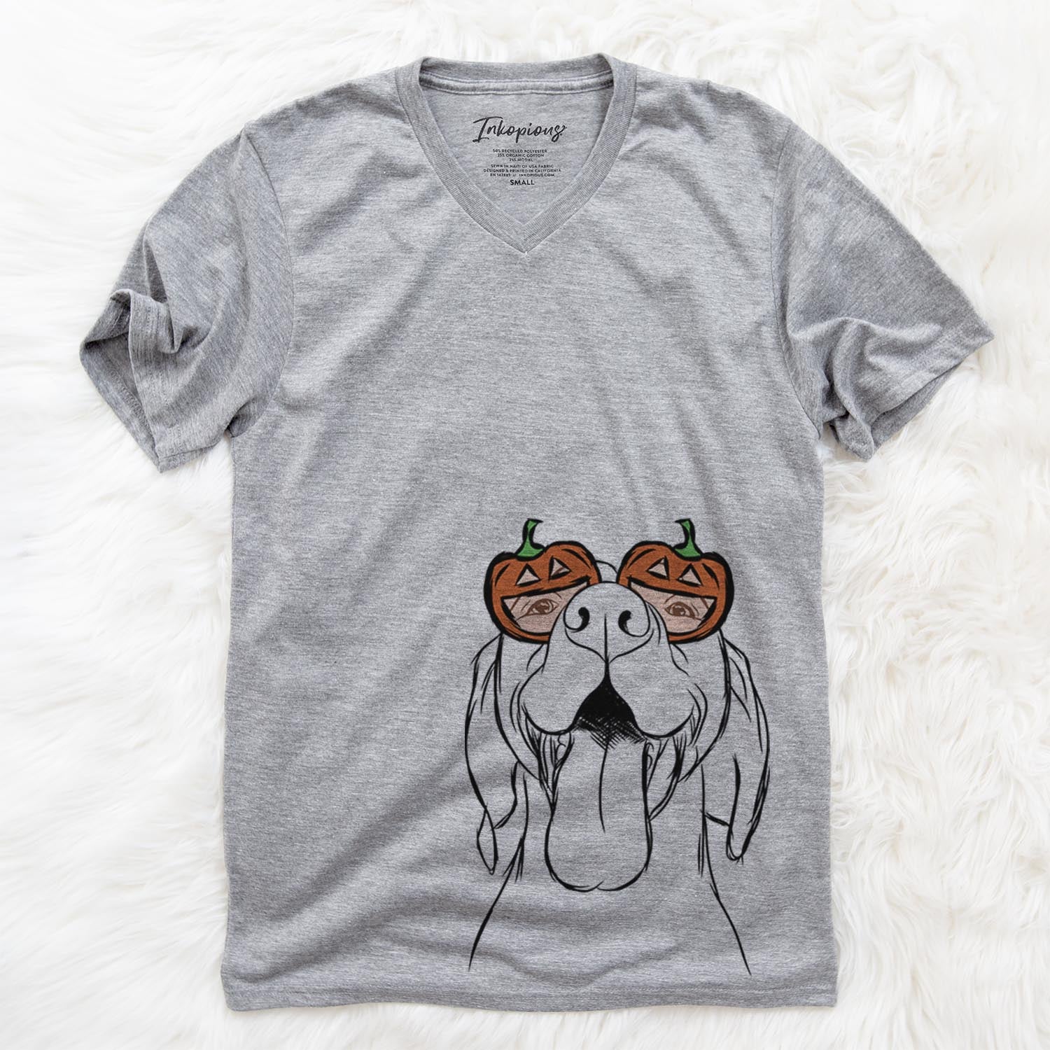 Hand-drawn sketch of Rhys the Vizsla wearing pumpkin glasses on a Grey pumpkin collection