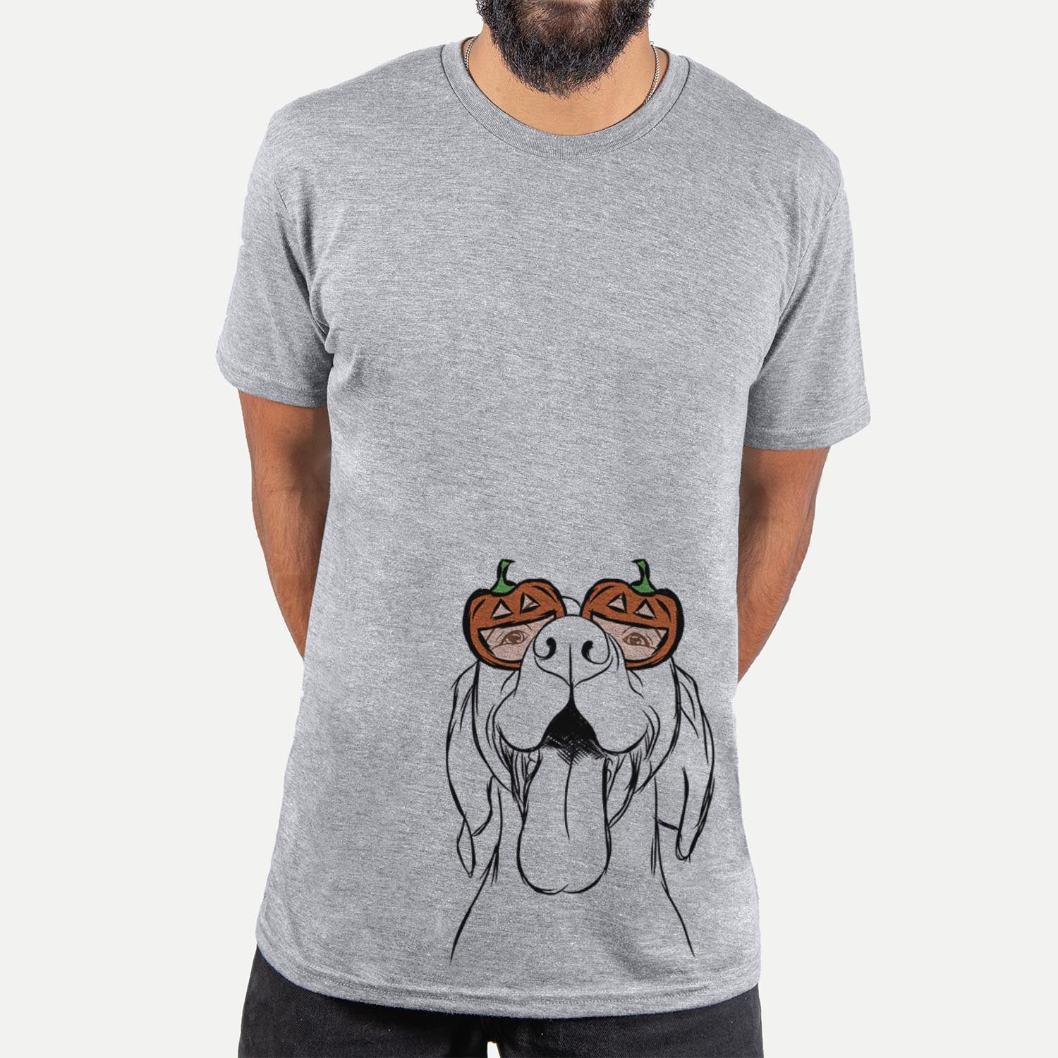 Hand-drawn sketch of Rhys the Vizsla wearing pumpkin glasses on a Grey pumpkin collection, hanging on a wall