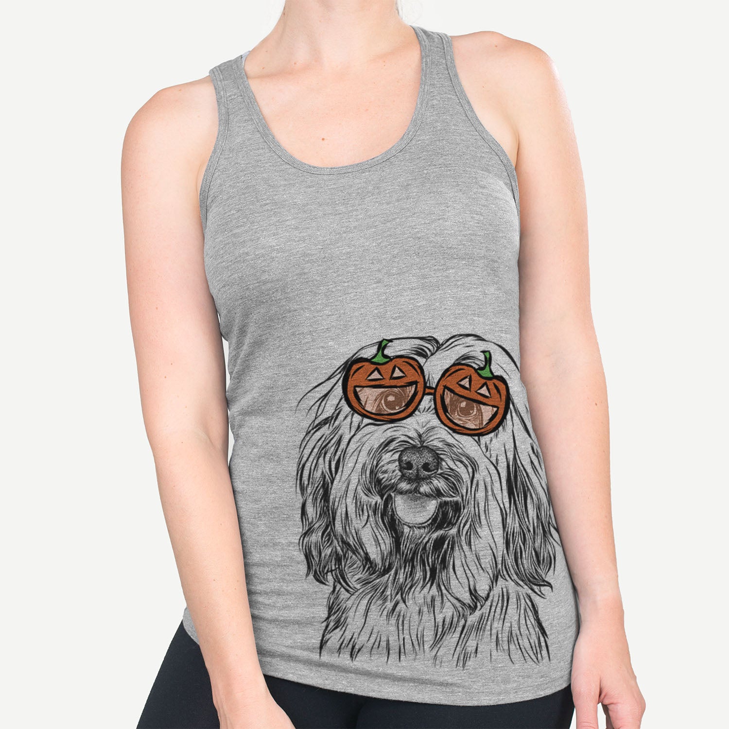 Hand-drawn sketch of Rime the Tibetan Terrier wearing pumpkin glasses on a Grey pumpkin collection