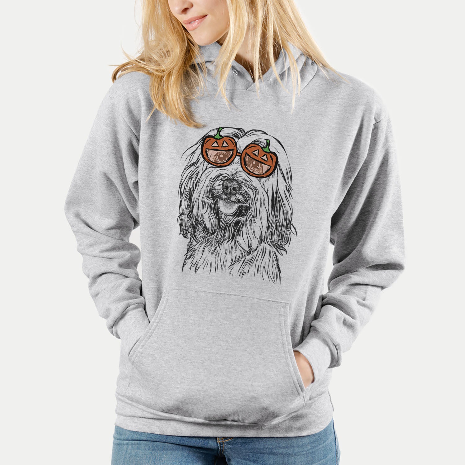Hand-drawn sketch of Rime the Tibetan Terrier wearing pumpkin glasses on a Grey pumpkin collection