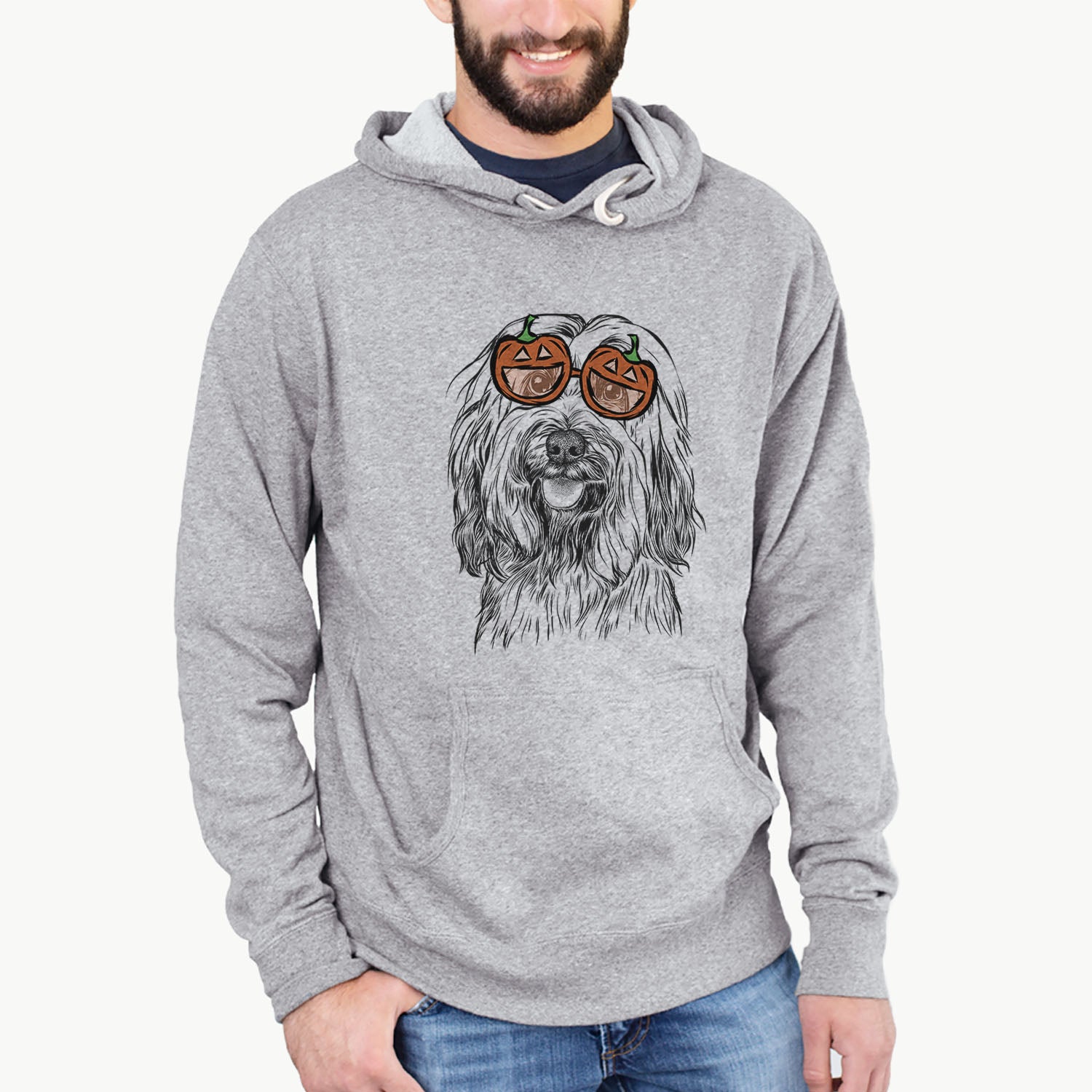 Hand-drawn sketch of Rime the Tibetan Terrier wearing pumpkin glasses on a Grey pumpkin collection