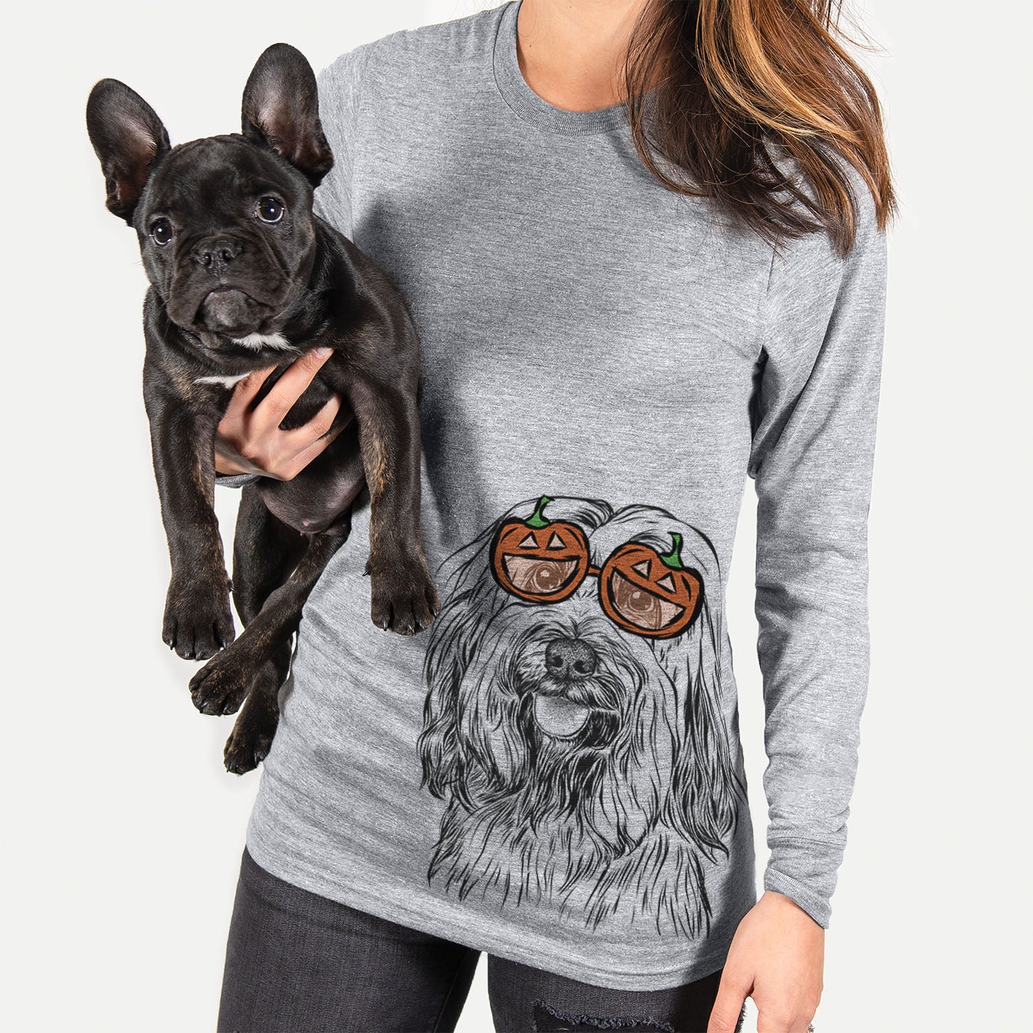 Hand-drawn sketch of Rime the Tibetan Terrier wearing pumpkin glasses on a Grey pumpkin collection