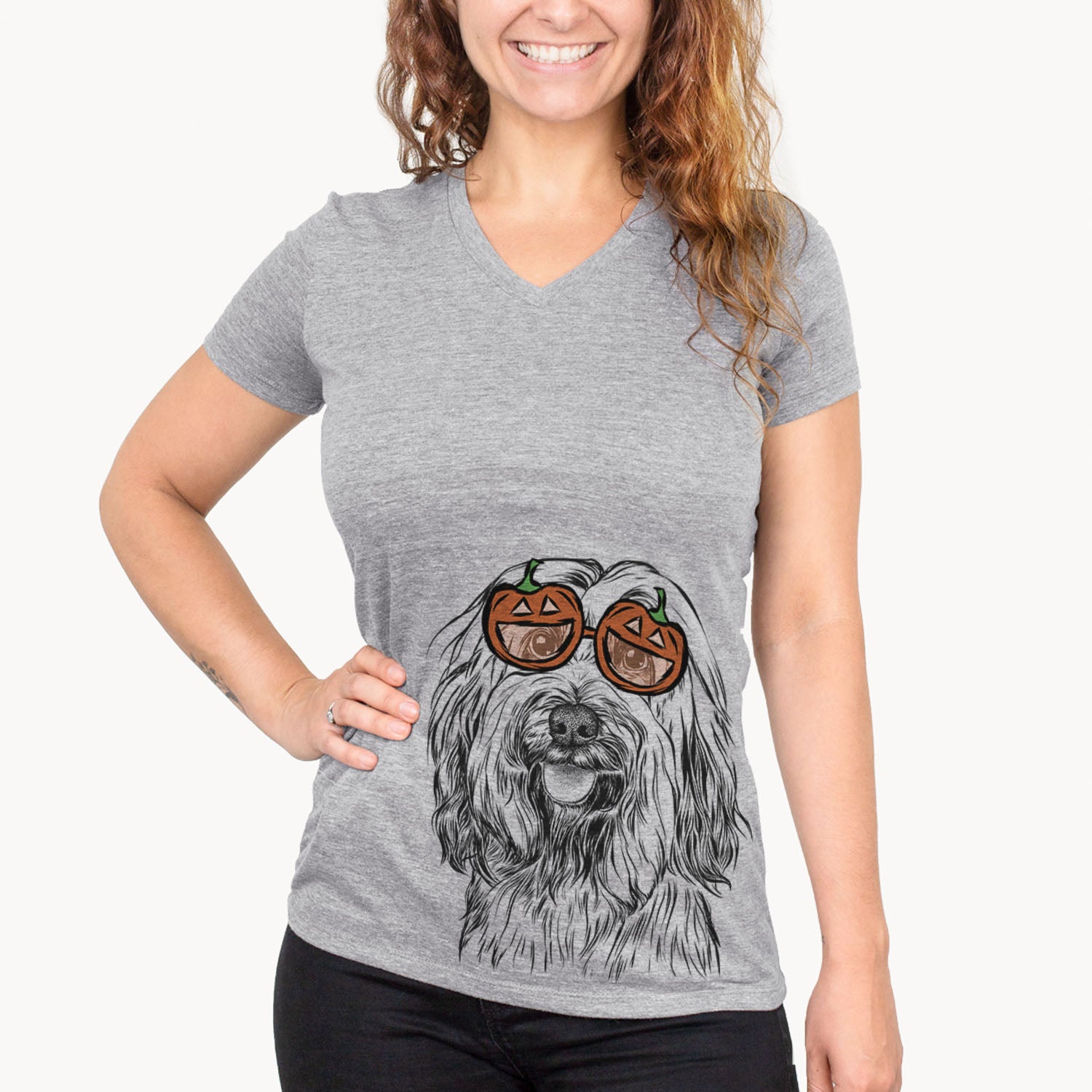 Hand-drawn sketch of Rime the Tibetan Terrier wearing pumpkin glasses on a Grey pumpkin collection