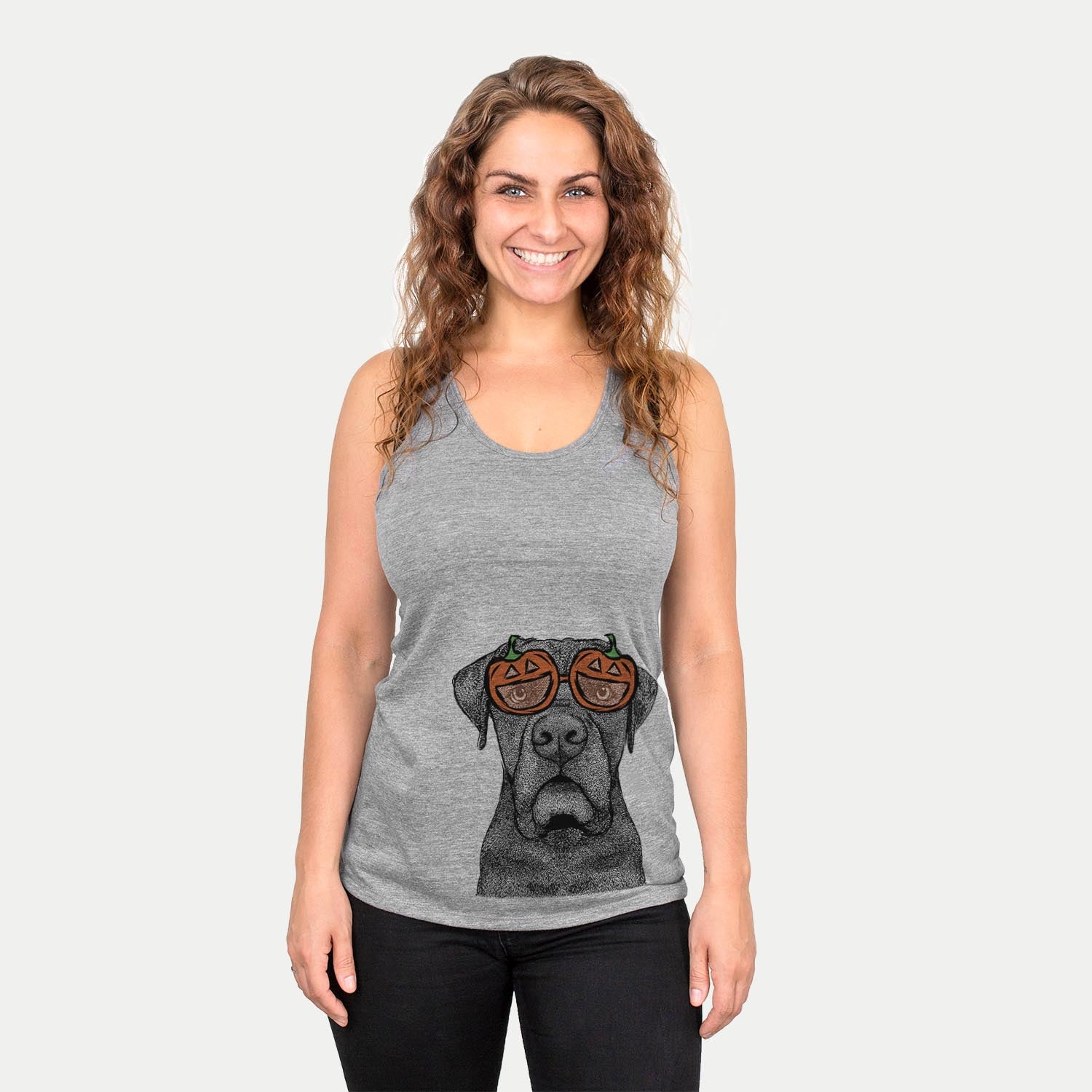 Hand-drawn sketch of Rocco the Cane Corso wearing pumpkin glasses on a Grey pumpkin collection