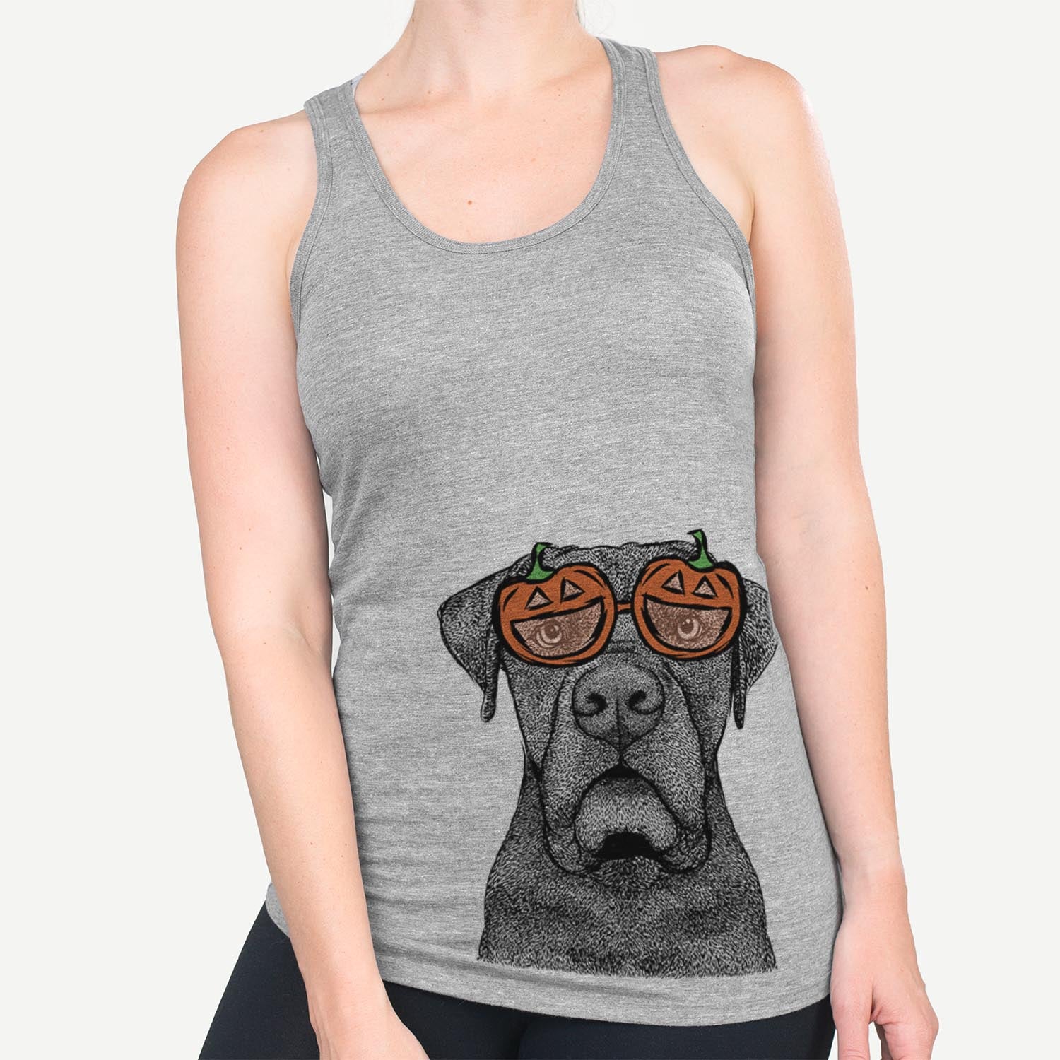 Hand-drawn sketch of Rocco the Cane Corso wearing pumpkin glasses on a Grey pumpkin collection