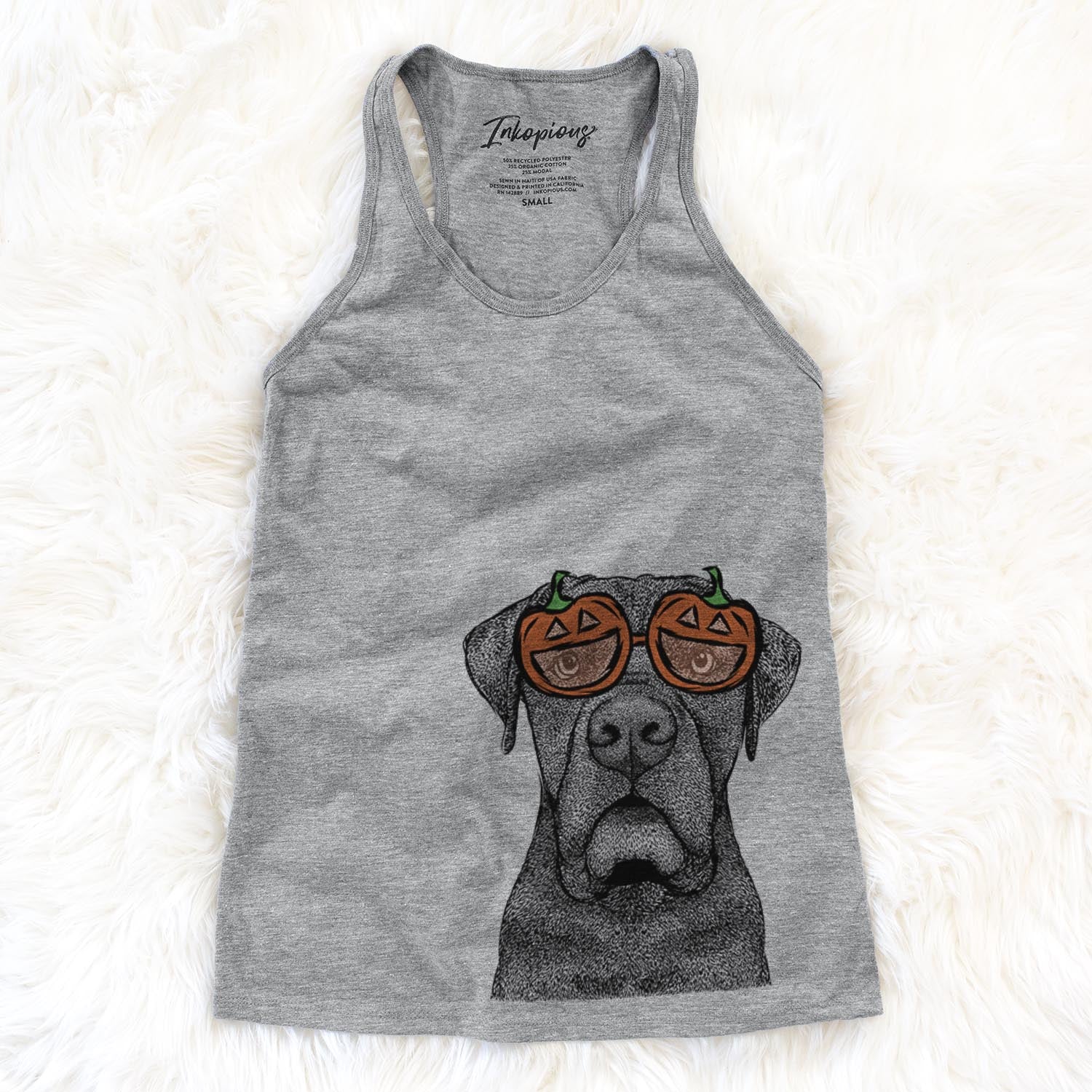 Hand-drawn sketch of Rocco the Cane Corso wearing pumpkin glasses on a Grey pumpkin collection