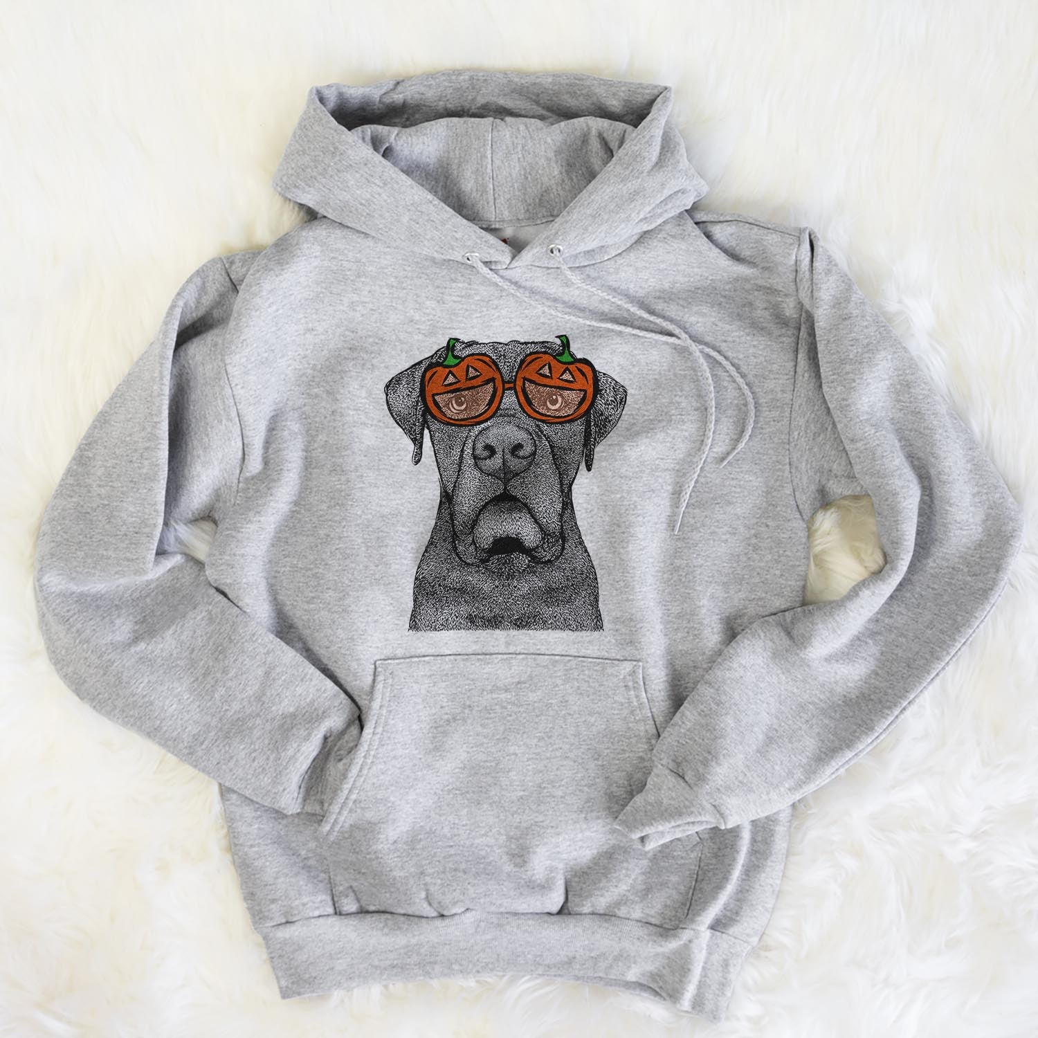 Hand-drawn sketch of Rocco the Cane Corso wearing pumpkin glasses on a Grey pumpkin collection, flat lay