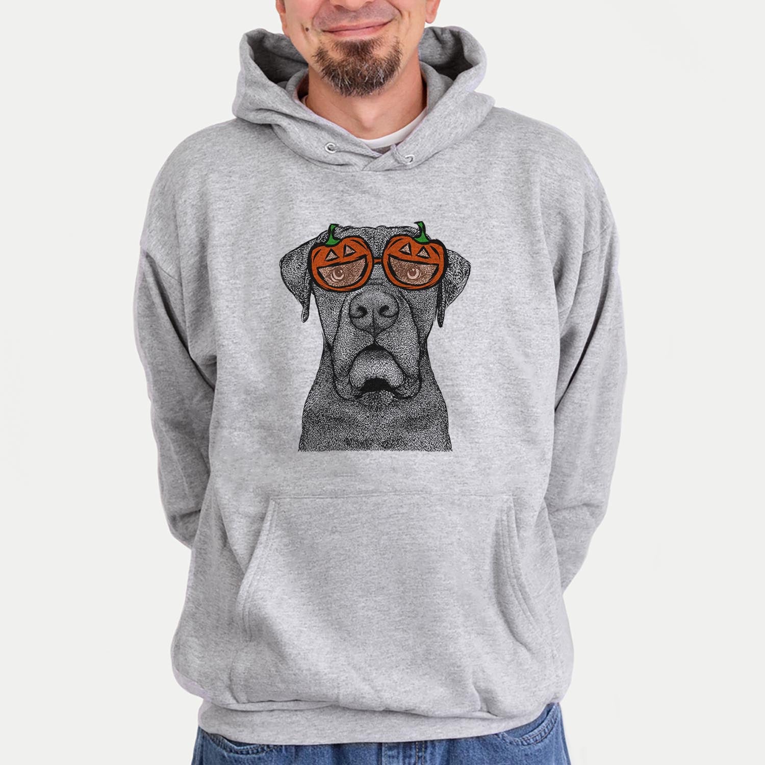 Hand-drawn sketch of Rocco the Cane Corso wearing pumpkin glasses on a Grey pumpkin collection, hanging on a wall