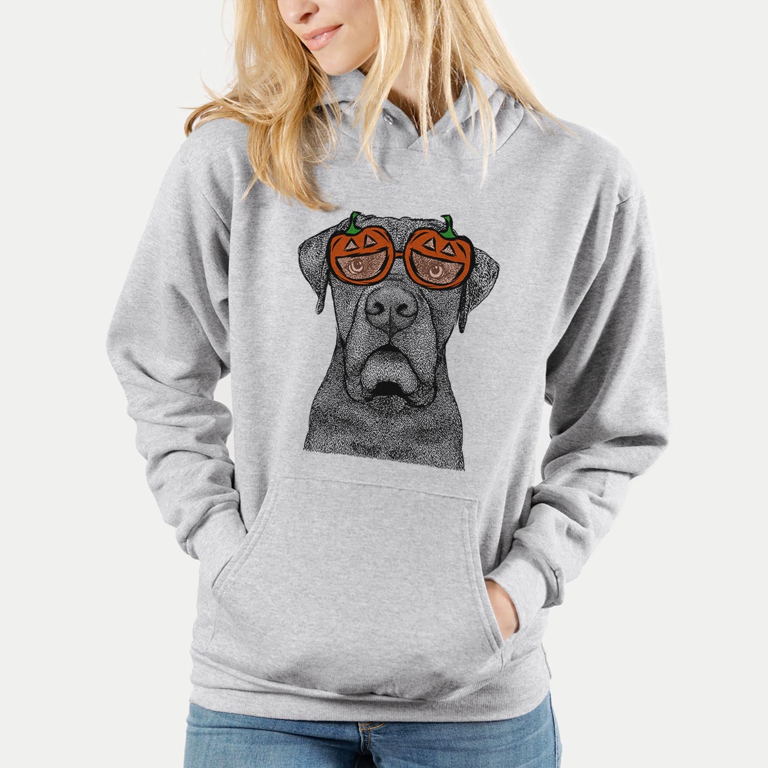Hand-drawn sketch of Rocco the Cane Corso wearing pumpkin glasses on a Grey pumpkin collection