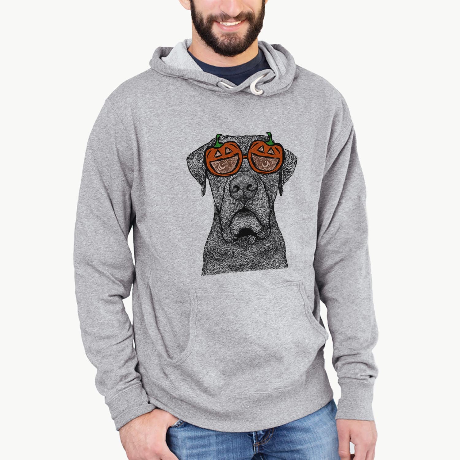 Hand-drawn sketch of Rocco the Cane Corso wearing pumpkin glasses on a Grey pumpkin collection