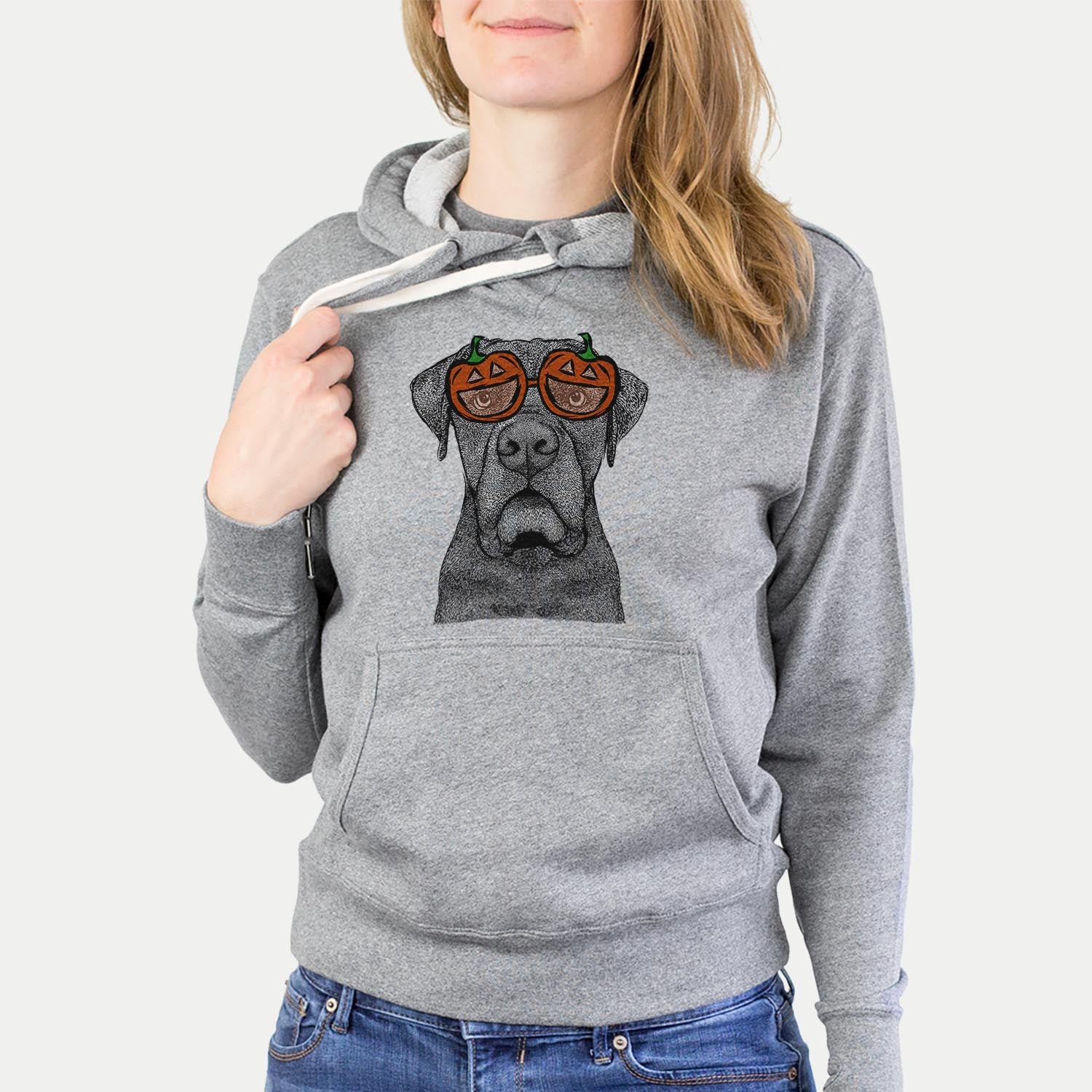 Hand-drawn sketch of Rocco the Cane Corso wearing pumpkin glasses on a Grey pumpkin collection, hanging on a wall