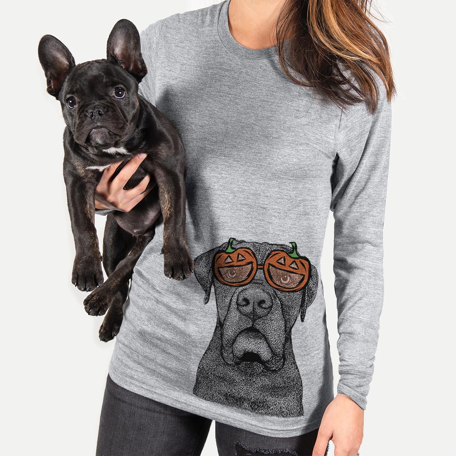 Hand-drawn sketch of Rocco the Cane Corso wearing pumpkin glasses on a Grey pumpkin collection