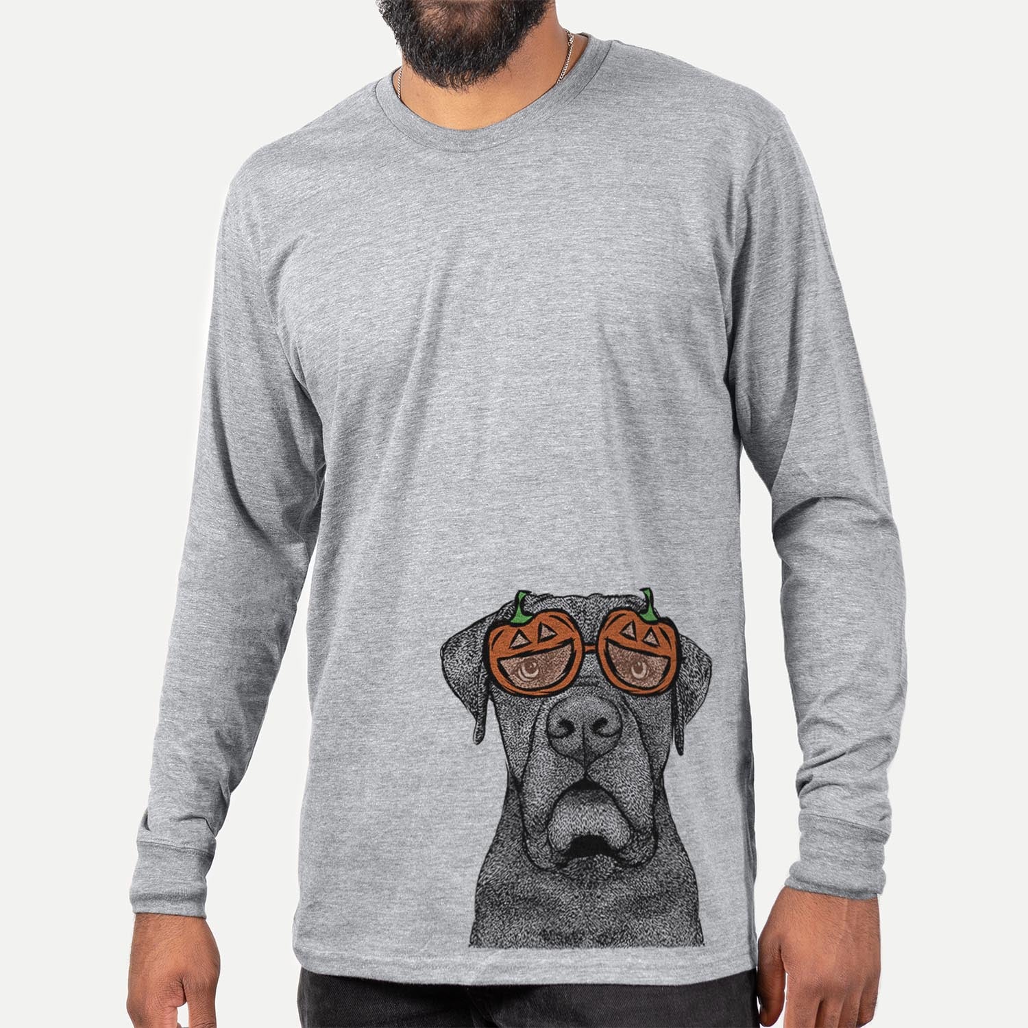 Hand-drawn sketch of Rocco the Cane Corso wearing pumpkin glasses on a Grey pumpkin collection, hanging on a wall
