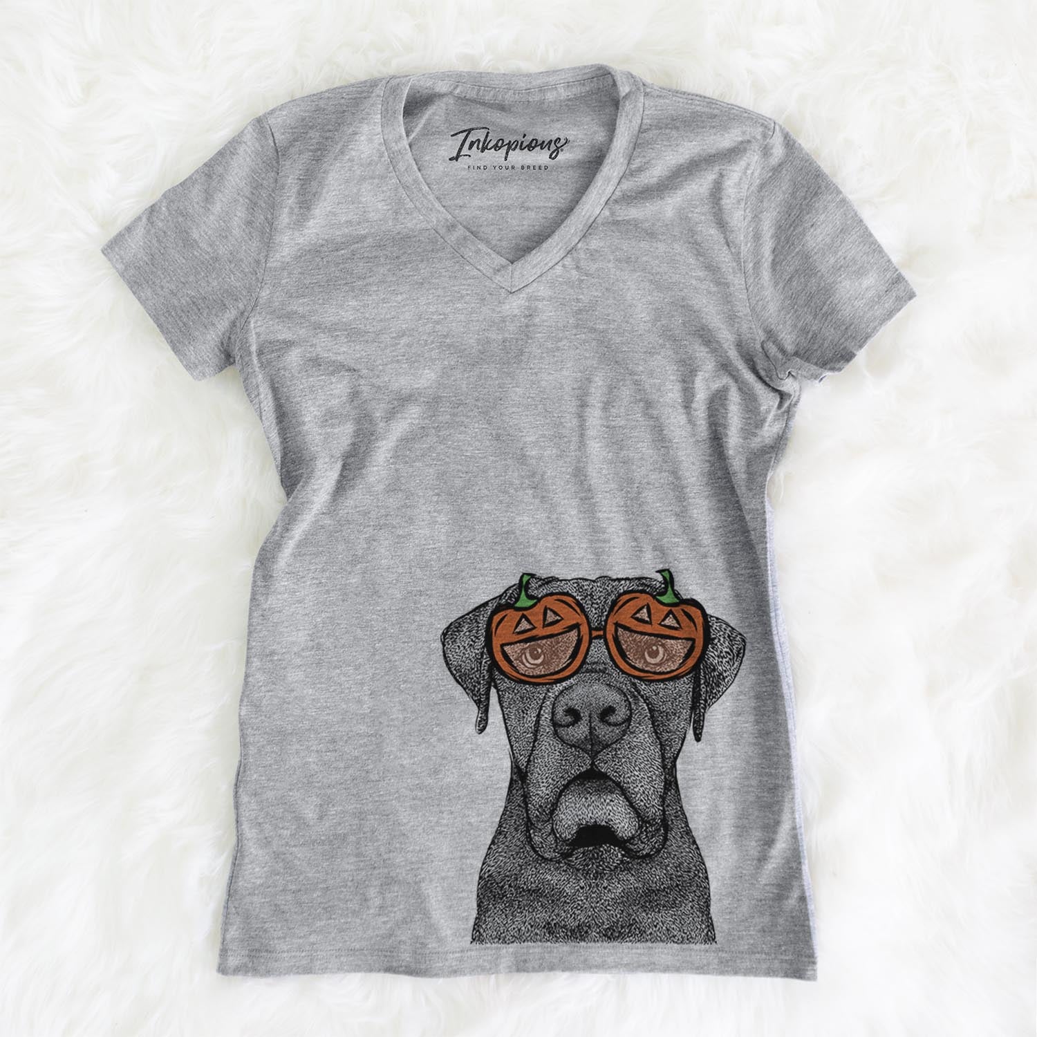 Hand-drawn sketch of Rocco the Cane Corso wearing pumpkin glasses on a Grey pumpkin collection, on a hanger