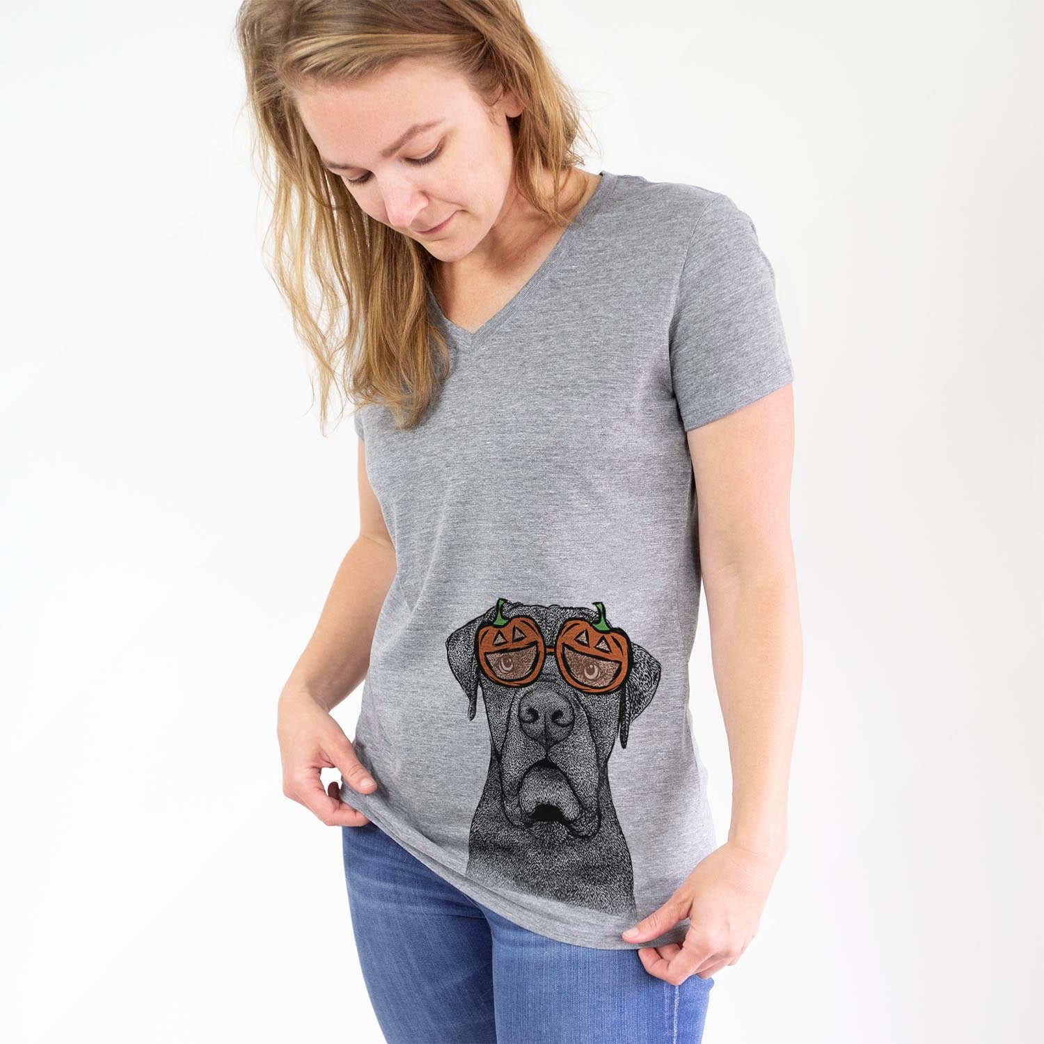 Hand-drawn sketch of Rocco the Cane Corso wearing pumpkin glasses on a Grey pumpkin collection