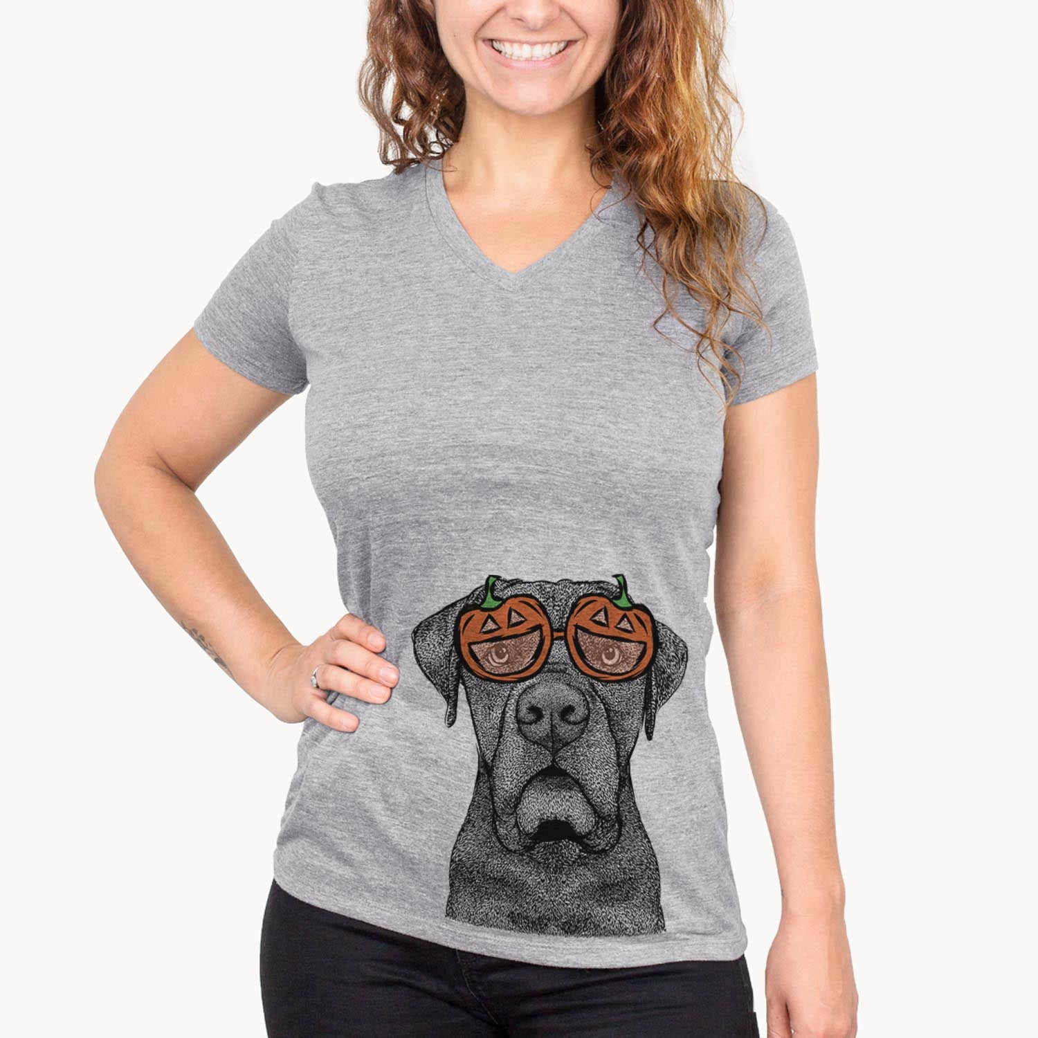 Hand-drawn sketch of Rocco the Cane Corso wearing pumpkin glasses on a Grey pumpkin collection