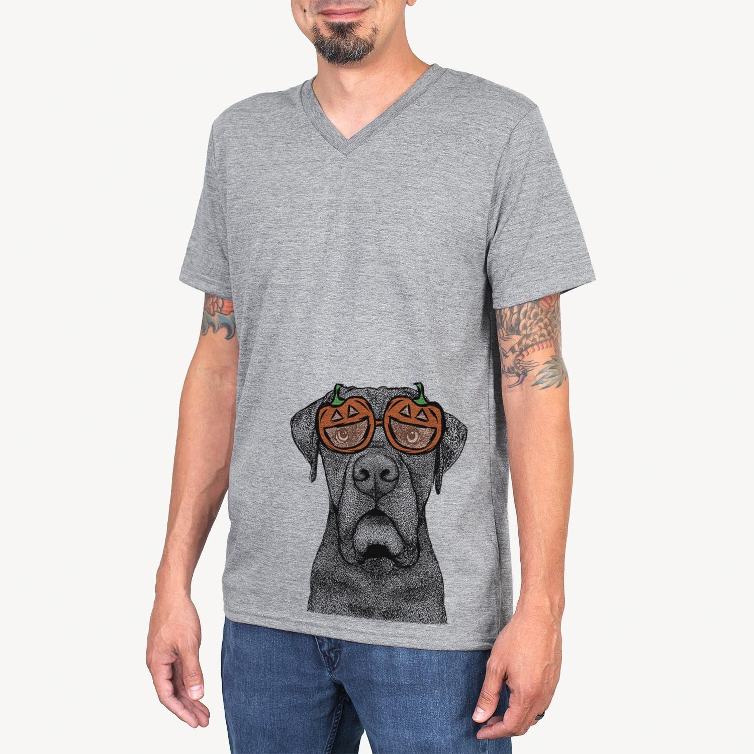 Hand-drawn sketch of Rocco the Cane Corso wearing pumpkin glasses on a Grey pumpkin collection