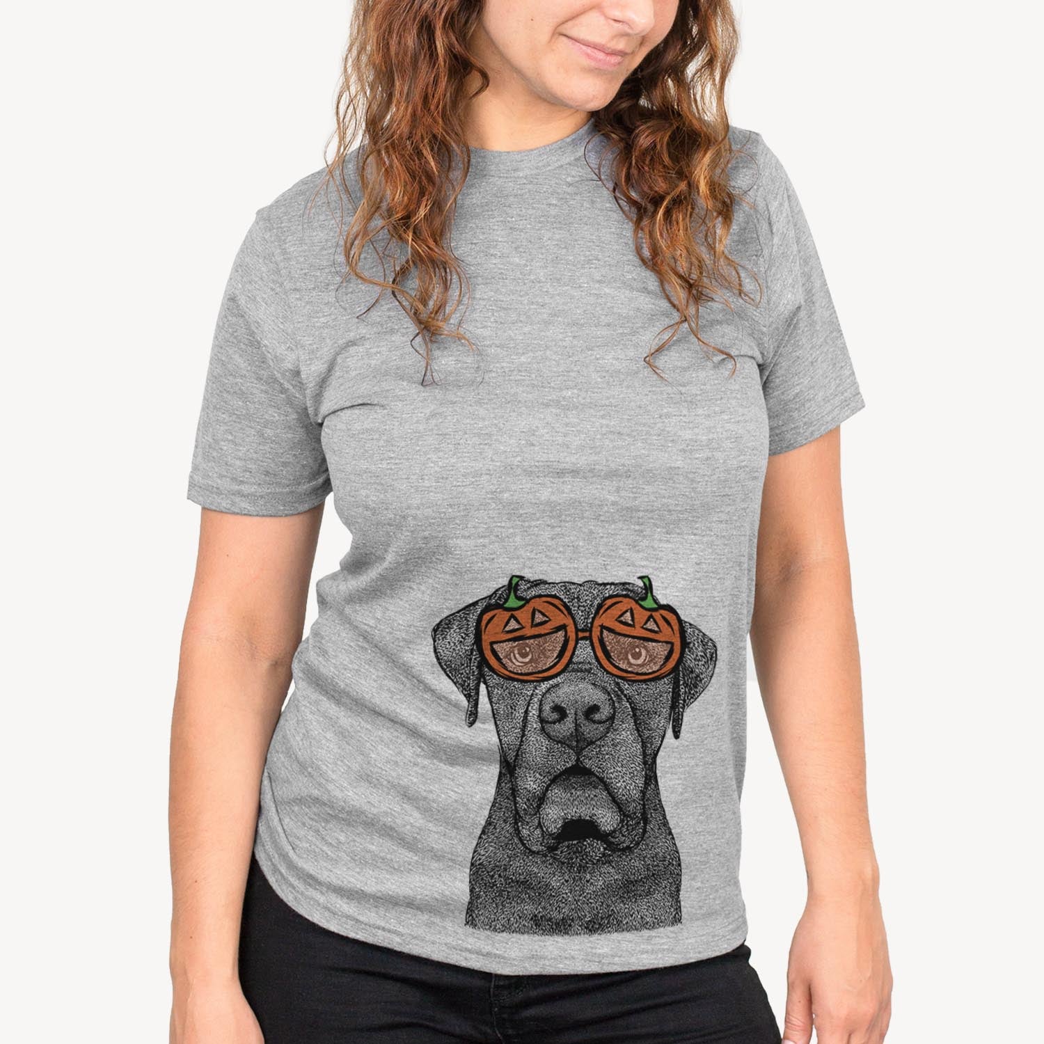 Hand-drawn sketch of Rocco the Cane Corso wearing pumpkin glasses on a Grey pumpkin collection, on a hanger