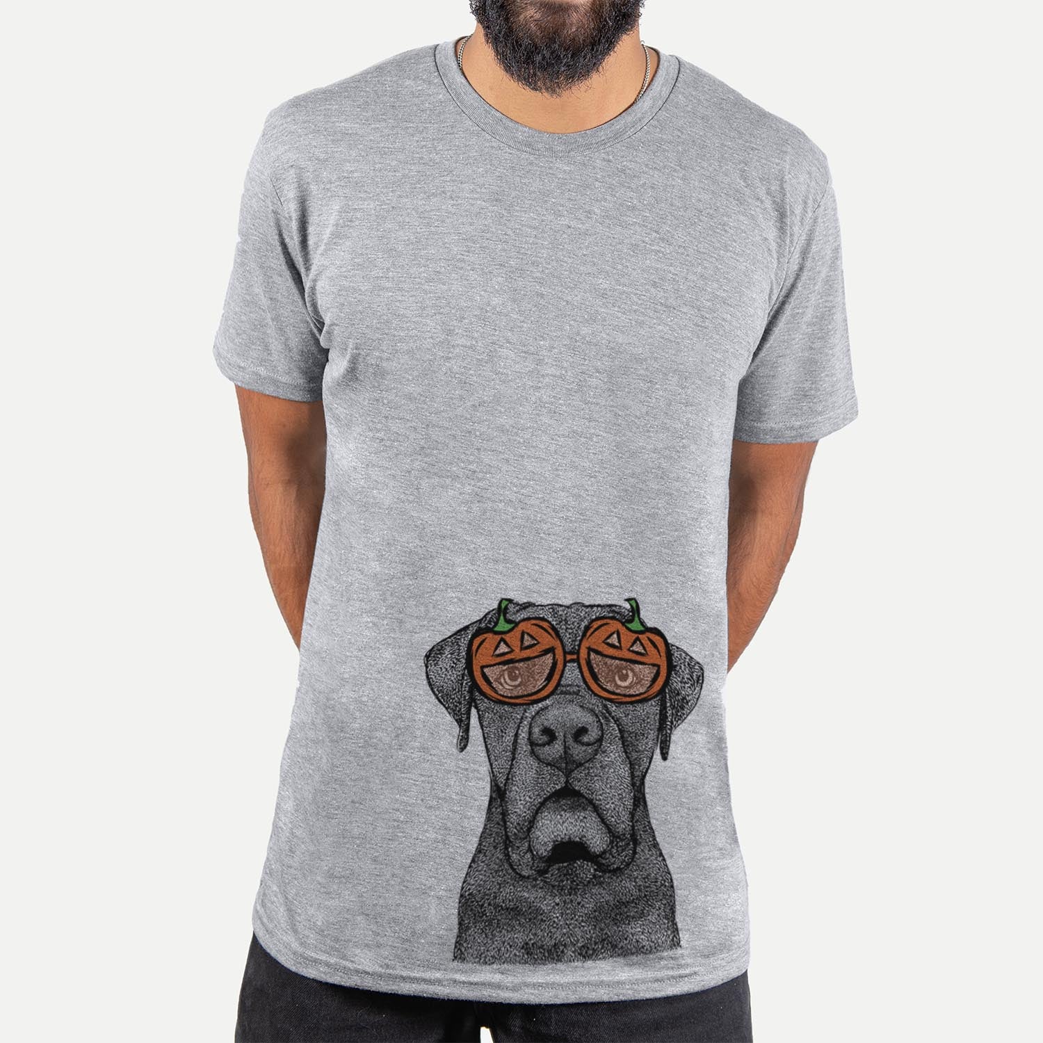 Hand-drawn sketch of Rocco the Cane Corso wearing pumpkin glasses on a Grey pumpkin collection, hanging on a wall