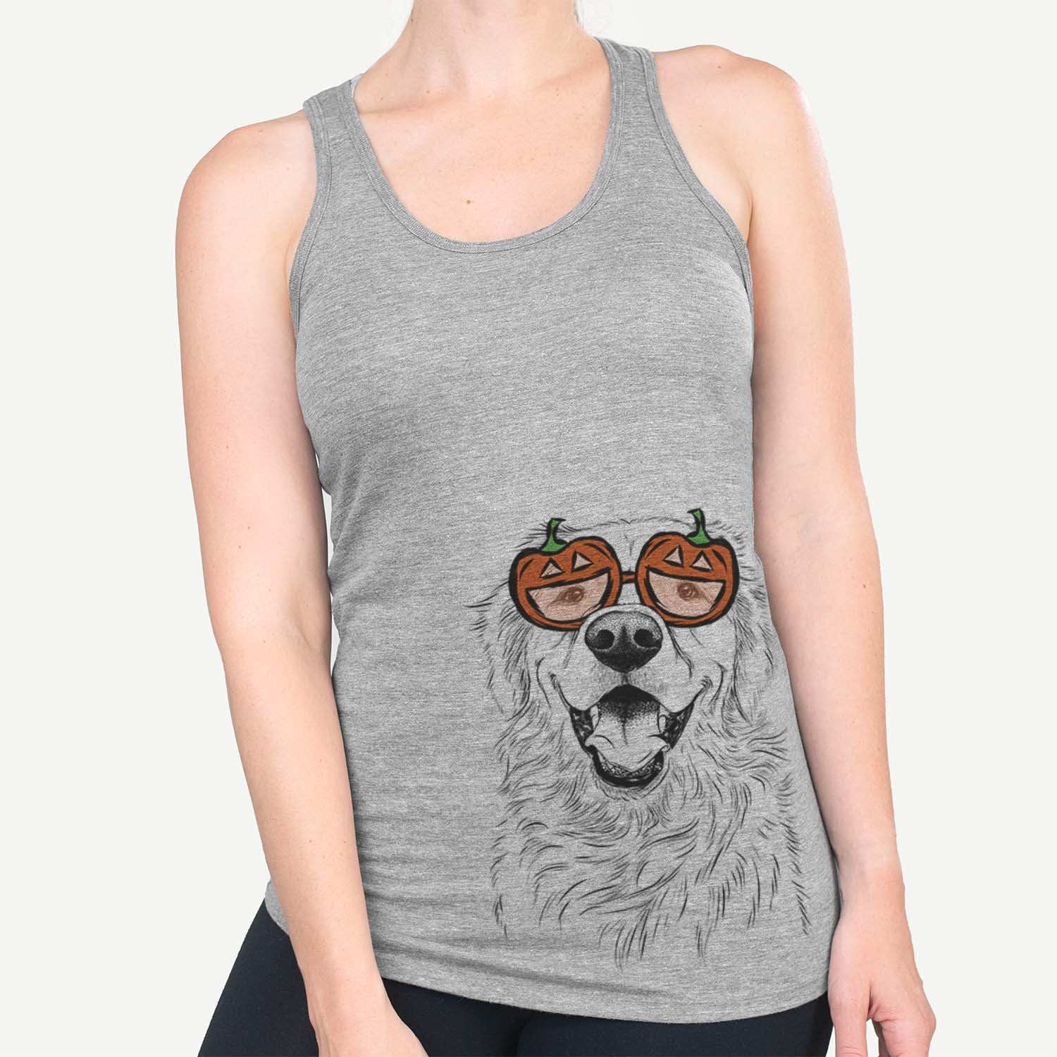 Hand-drawn sketch of Roger the Golden Retriever wearing pumpkin glasses on a Grey pumpkin collection