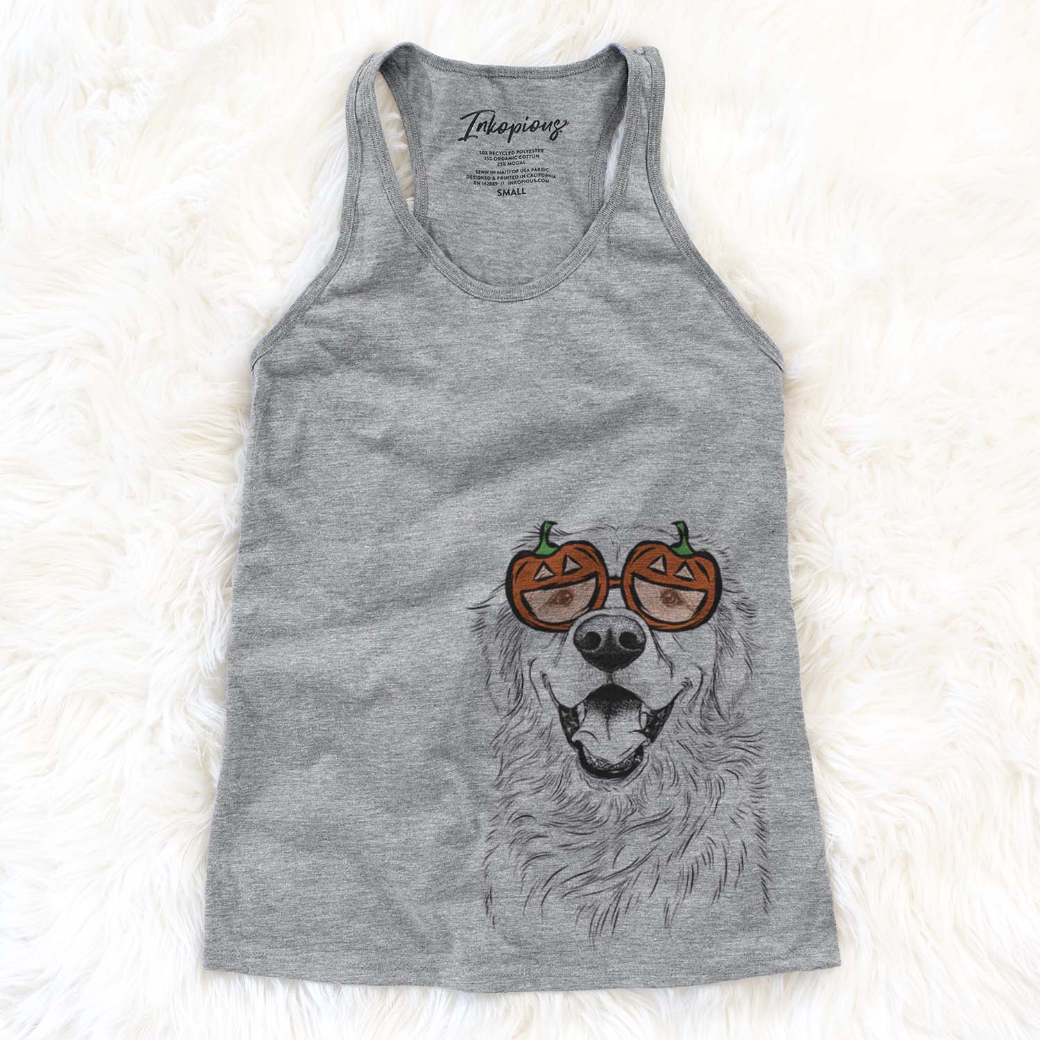 Hand-drawn sketch of Roger the Golden Retriever wearing pumpkin glasses on a Grey pumpkin collection
