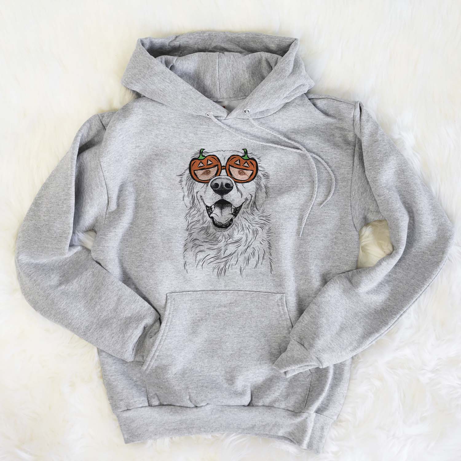 Hand-drawn sketch of Roger the Golden Retriever wearing pumpkin glasses on a Grey pumpkin collection, flat lay