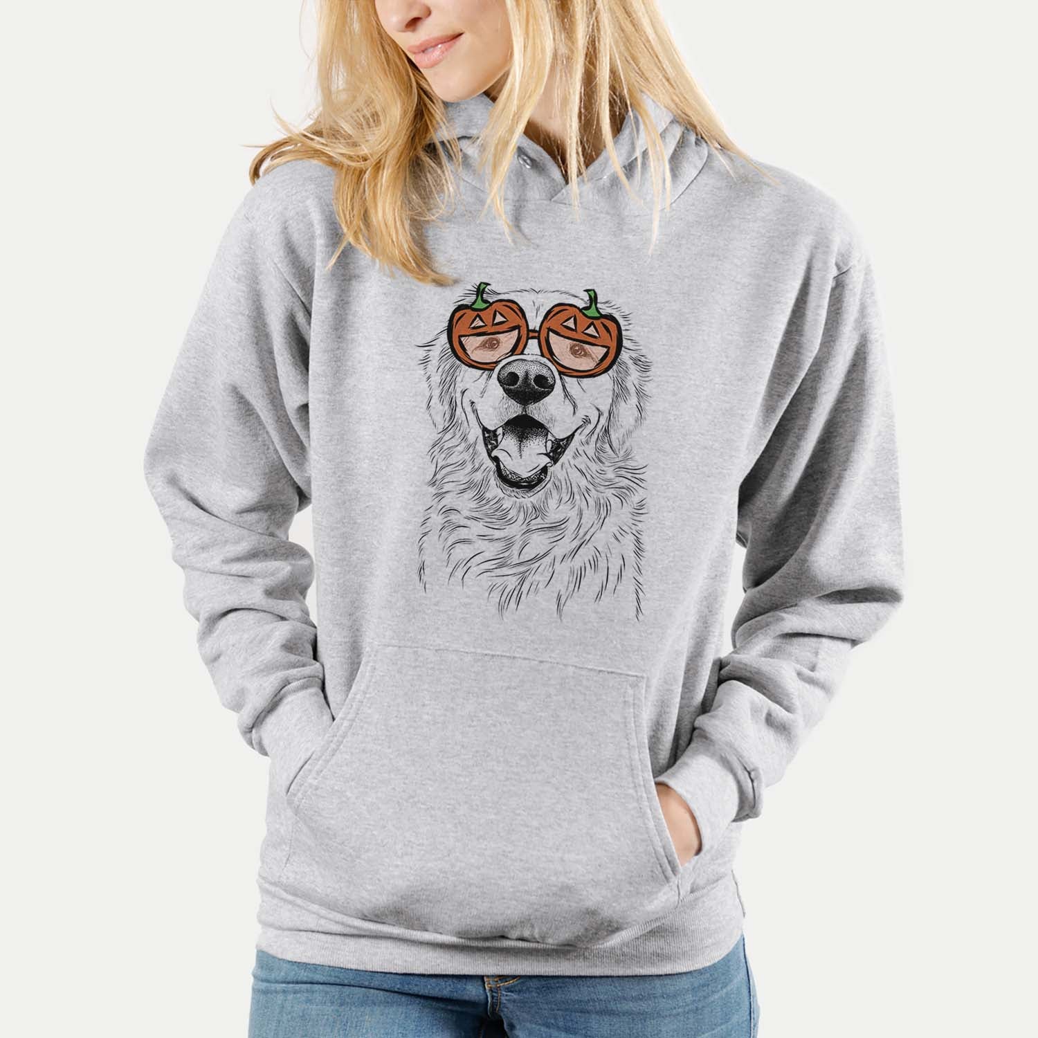 Hand-drawn sketch of Roger the Golden Retriever wearing pumpkin glasses on a Grey pumpkin collection