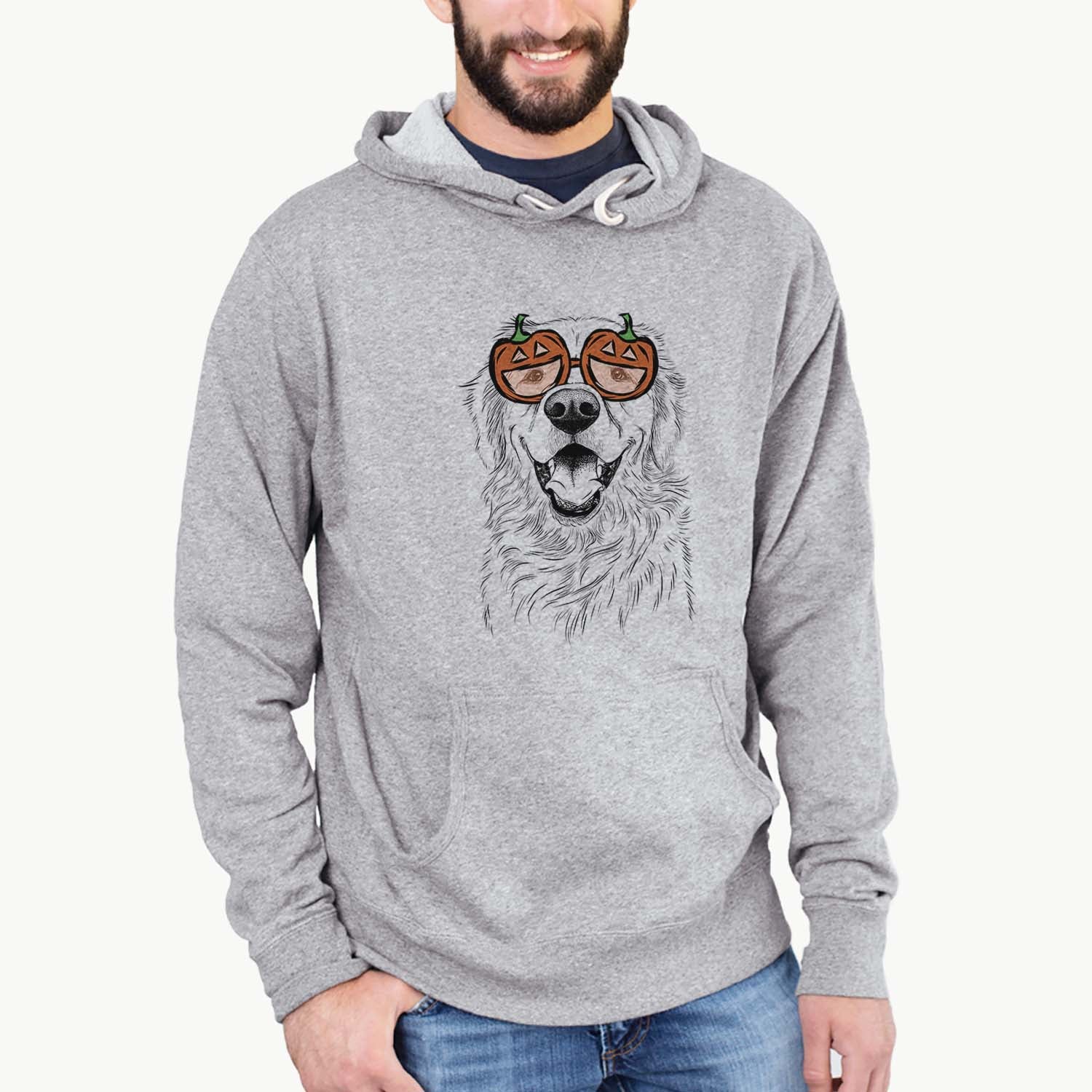 Hand-drawn sketch of Roger the Golden Retriever wearing pumpkin glasses on a Grey pumpkin collection