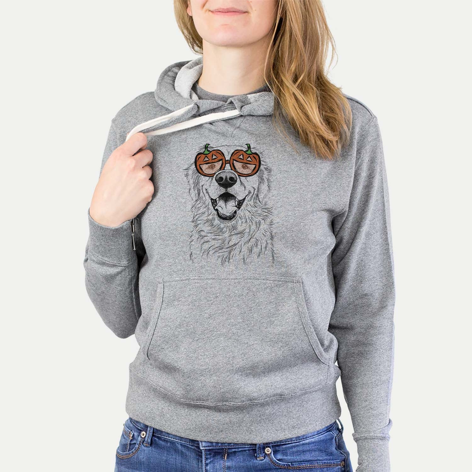 Hand-drawn sketch of Roger the Golden Retriever wearing pumpkin glasses on a Grey pumpkin collection, hanging on a wall