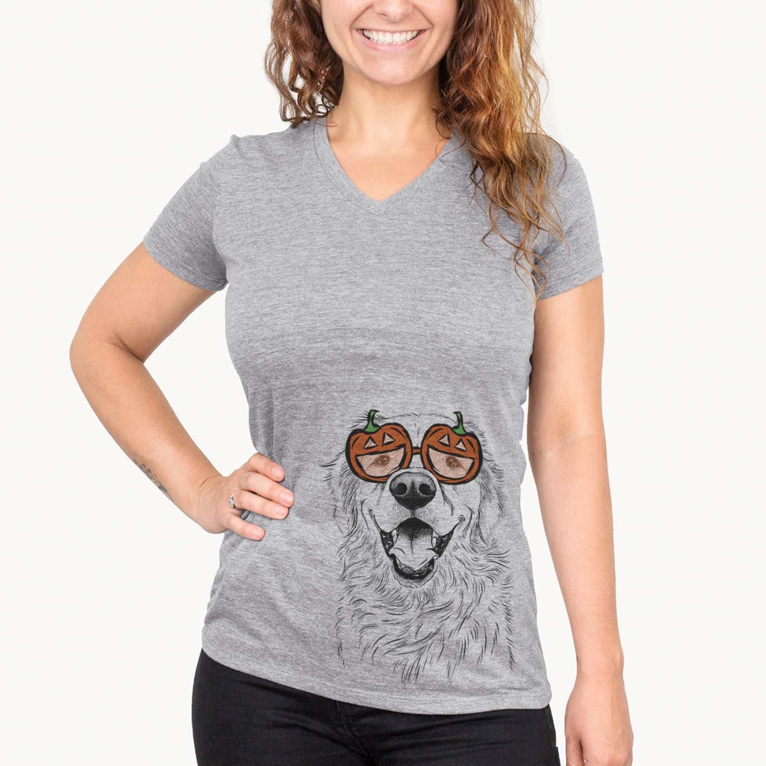 Hand-drawn sketch of Roger the Golden Retriever wearing pumpkin glasses on a Grey pumpkin collection