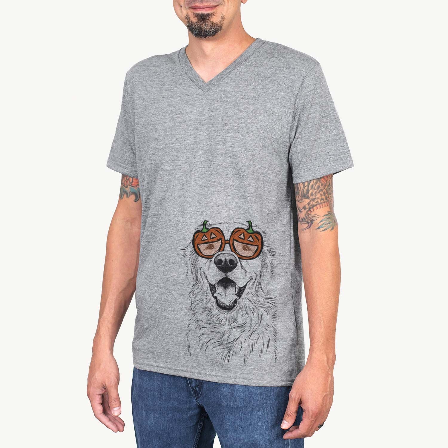 Hand-drawn sketch of Roger the Golden Retriever wearing pumpkin glasses on a Grey pumpkin collection