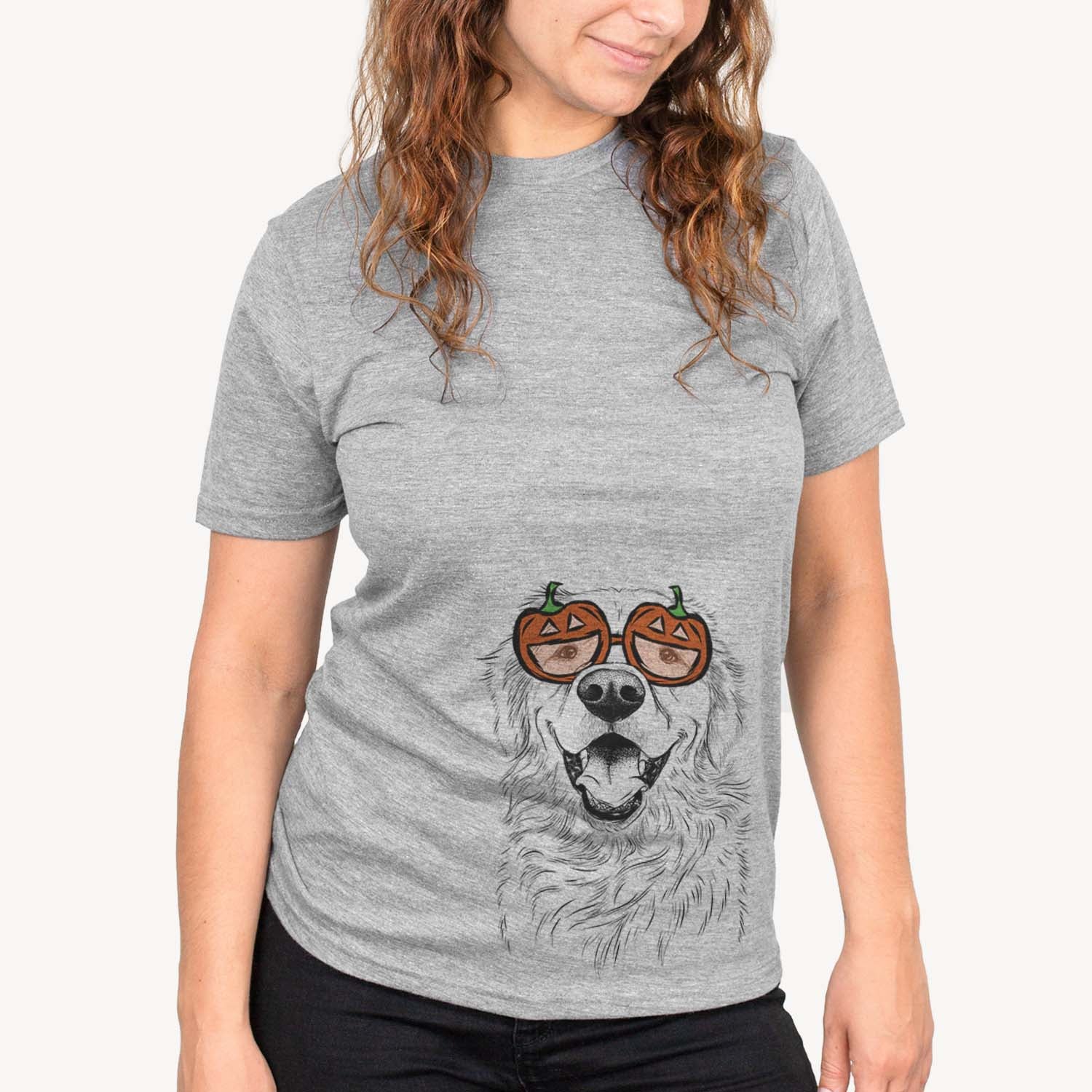 Hand-drawn sketch of Roger the Golden Retriever wearing pumpkin glasses on a Grey pumpkin collection, on a hanger