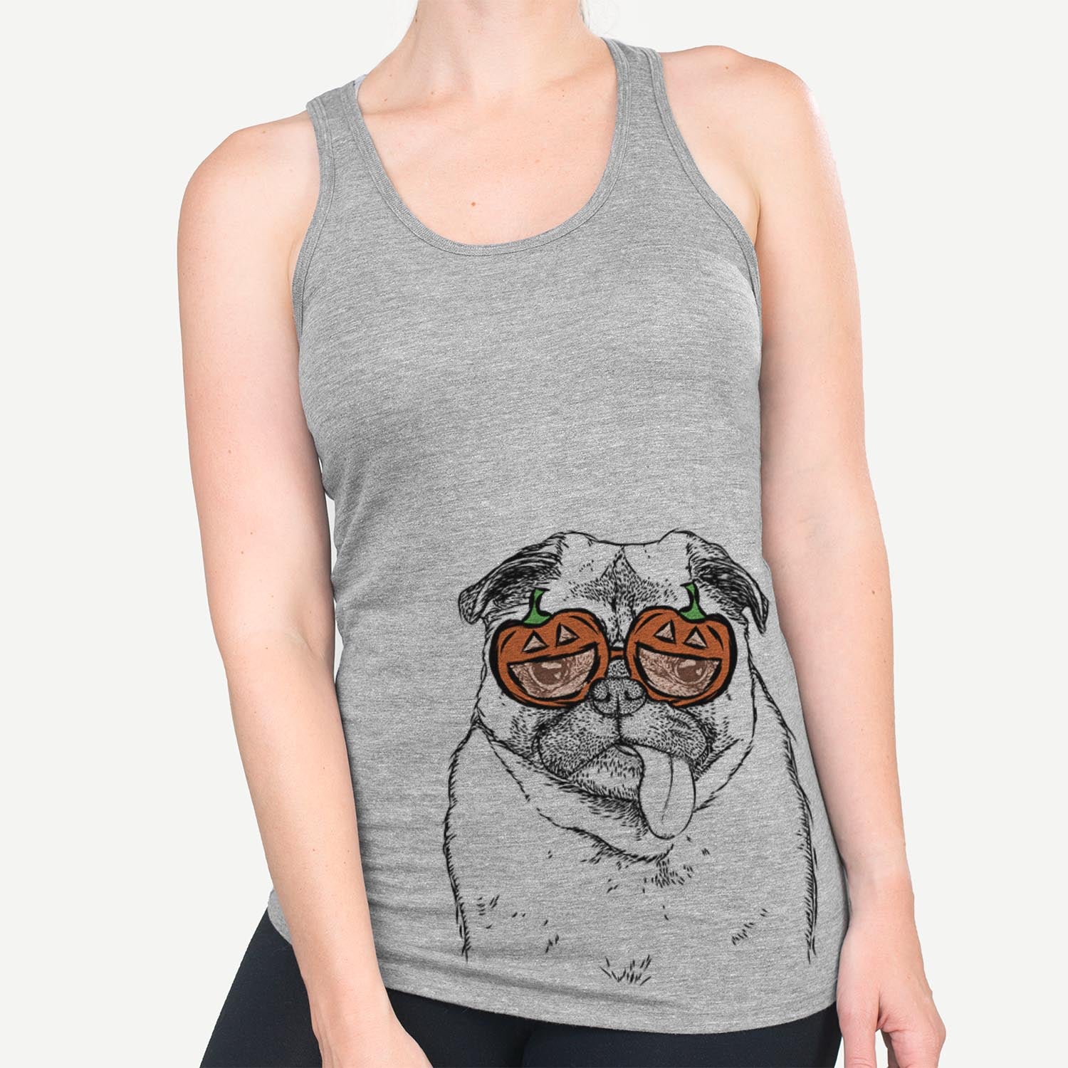 Hand-drawn sketch of Rosie the Pug wearing pumpkin glasses on a Grey pumpkin collection