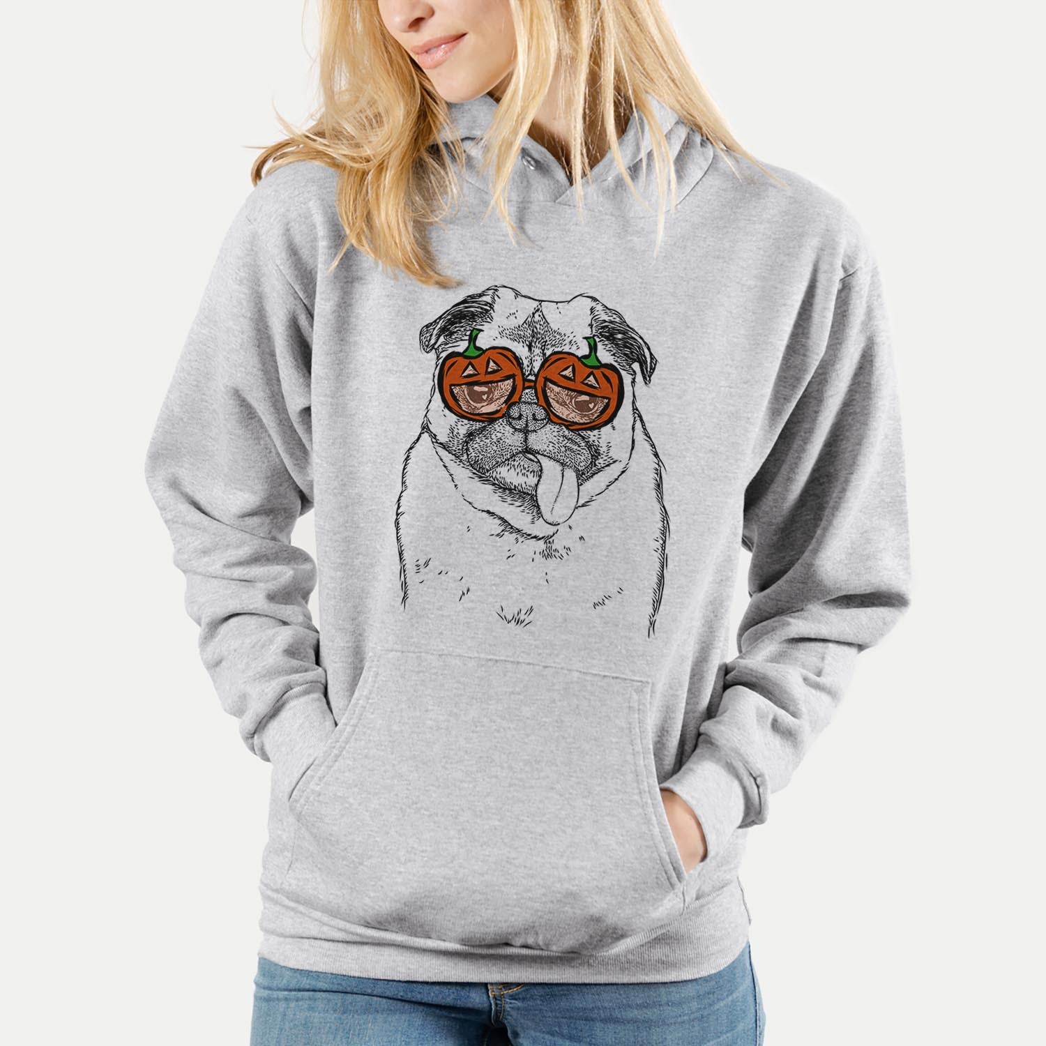 Hand-drawn sketch of Rosie the Pug wearing pumpkin glasses on a Grey pumpkin collection