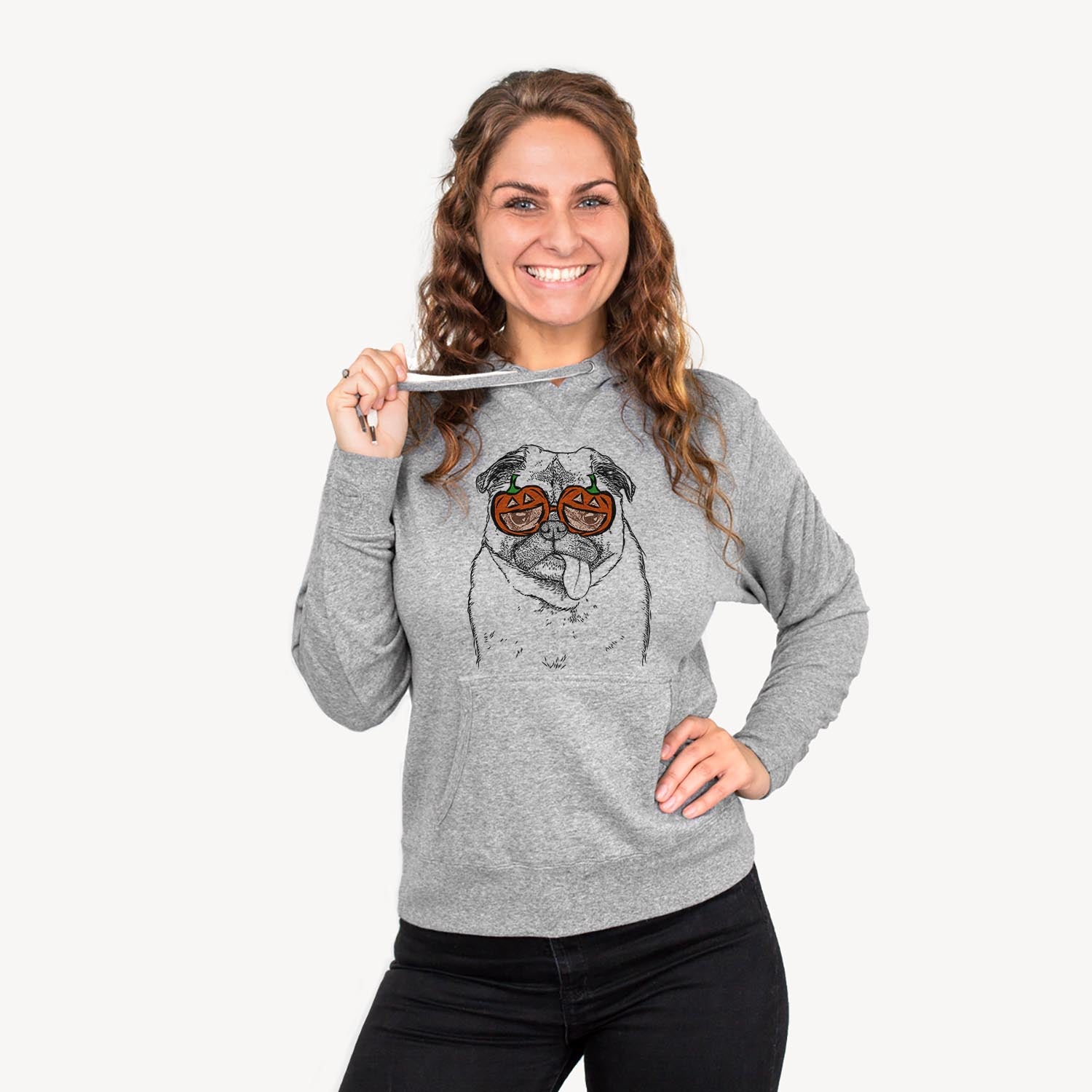 Hand-drawn sketch of Rosie the Pug wearing pumpkin glasses on a Grey pumpkin collection
