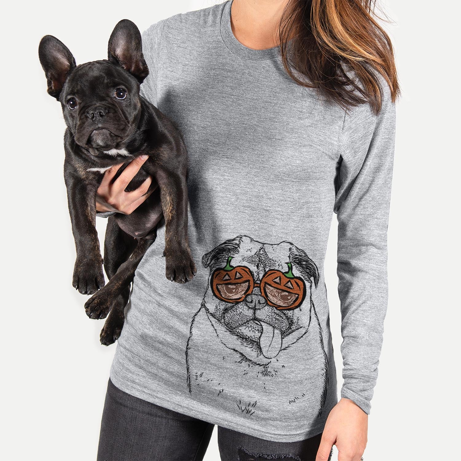 Hand-drawn sketch of Rosie the Pug wearing pumpkin glasses on a Grey pumpkin collection