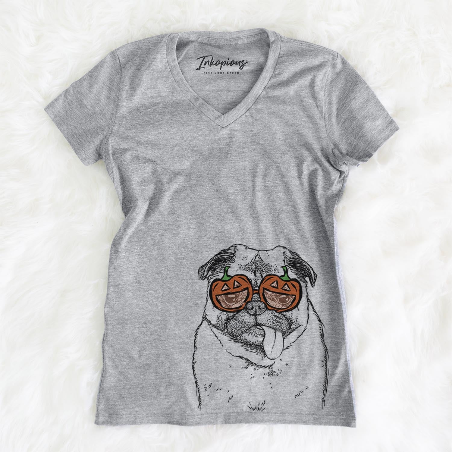 Hand-drawn sketch of Rosie the Pug wearing pumpkin glasses on a Grey pumpkin collection, on a hanger