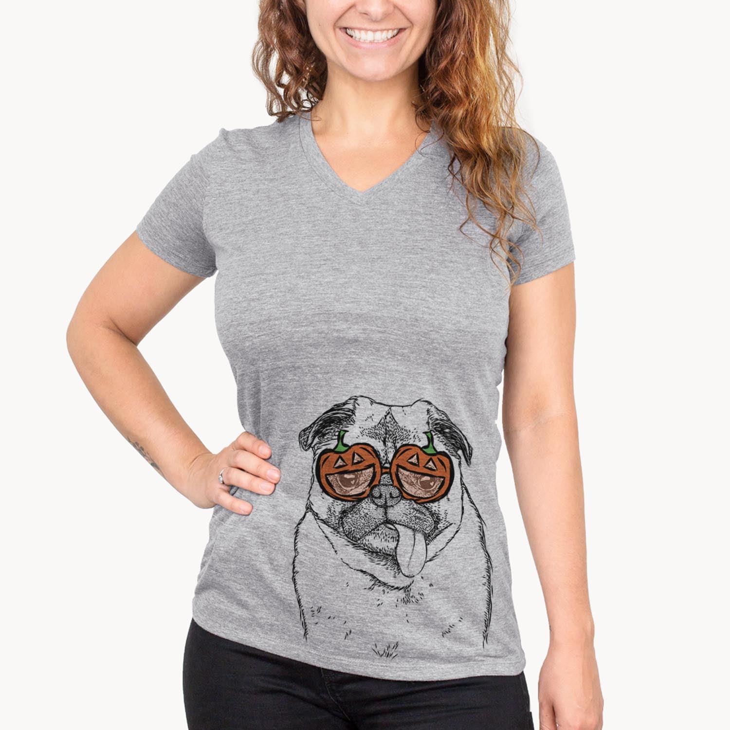 Hand-drawn sketch of Rosie the Pug wearing pumpkin glasses on a Grey pumpkin collection