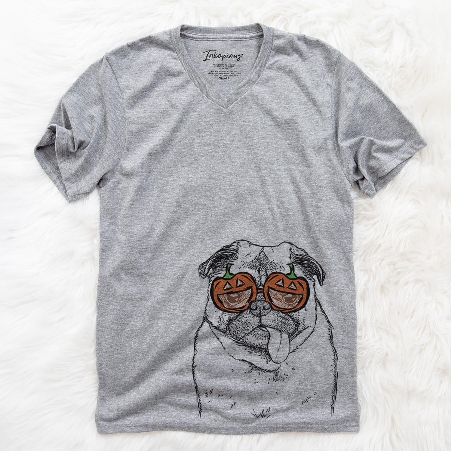 Hand-drawn sketch of Rosie the Pug wearing pumpkin glasses on a Grey pumpkin collection