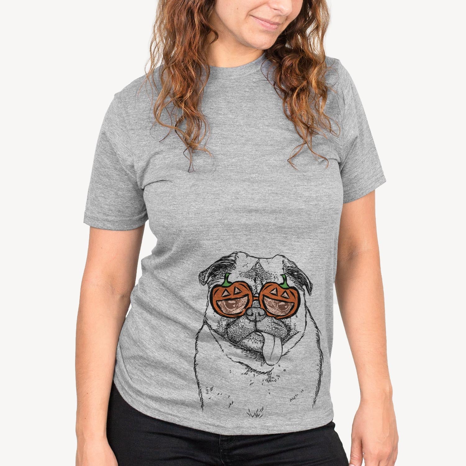 Hand-drawn sketch of Rosie the Pug wearing pumpkin glasses on a Grey pumpkin collection, on a hanger