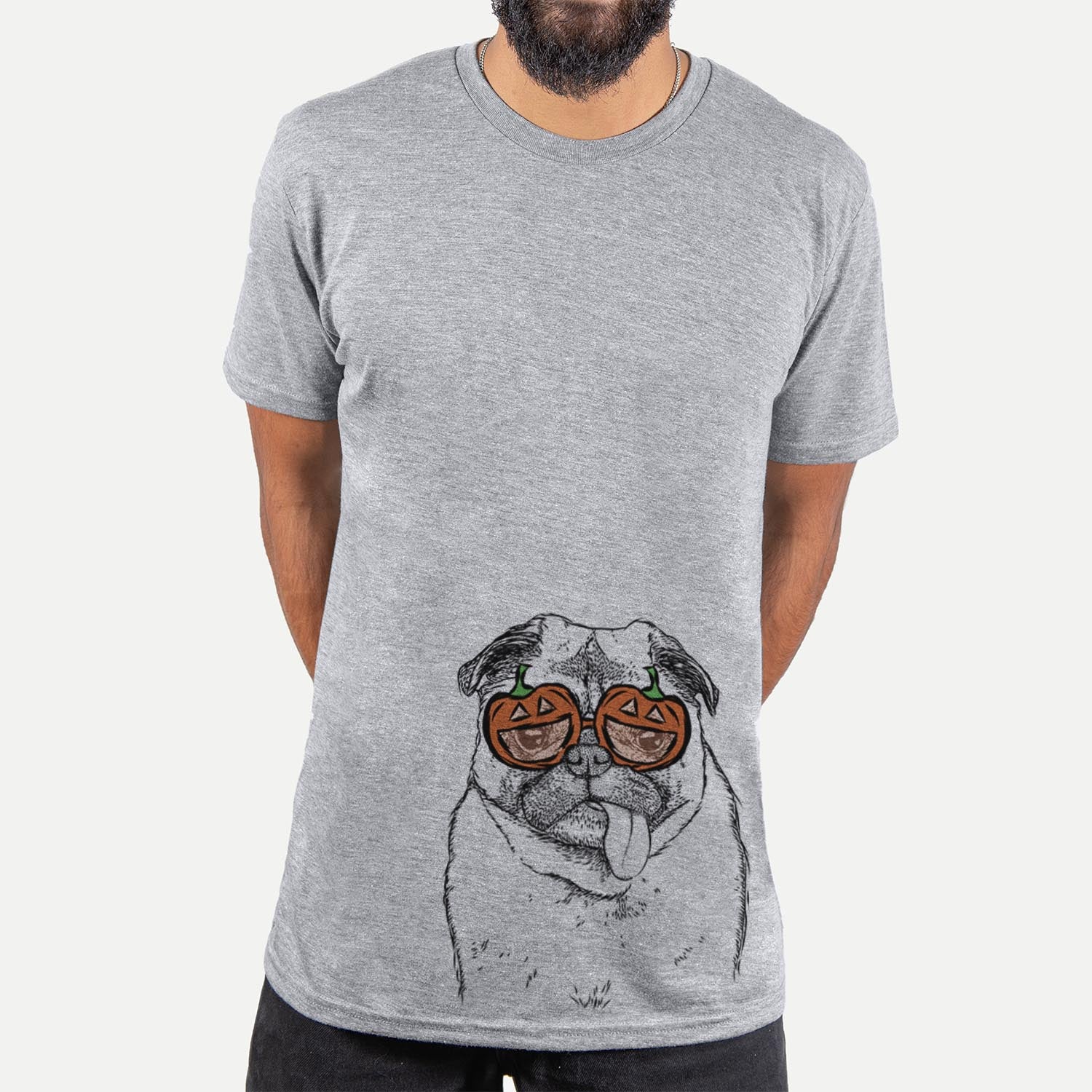 Hand-drawn sketch of Rosie the Pug wearing pumpkin glasses on a Grey pumpkin collection, hanging on a wall