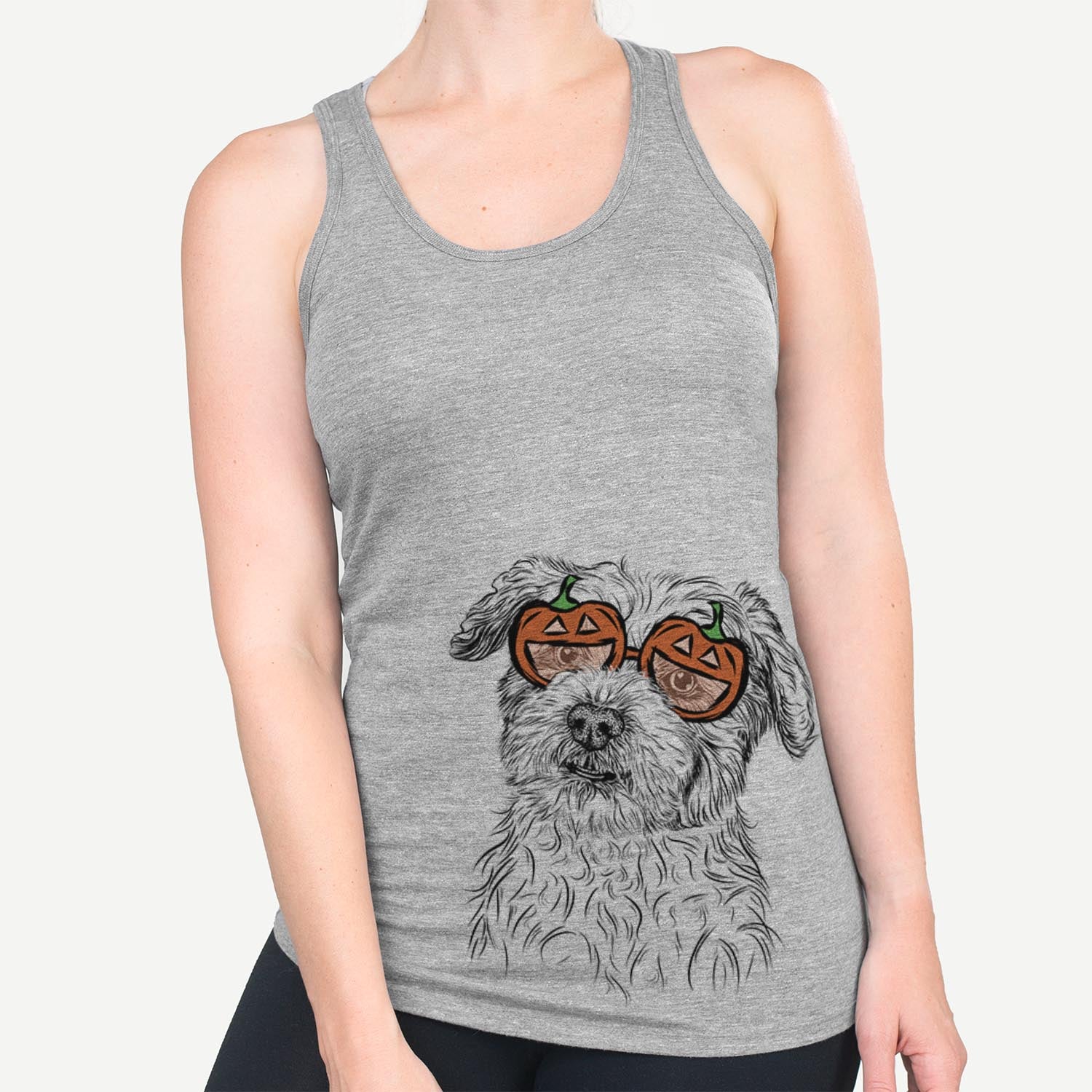 Hand-drawn sketch of Roxie the Schnauzer Shih Tzu Mix wearing pumpkin glasses on a Grey pumpkin collection