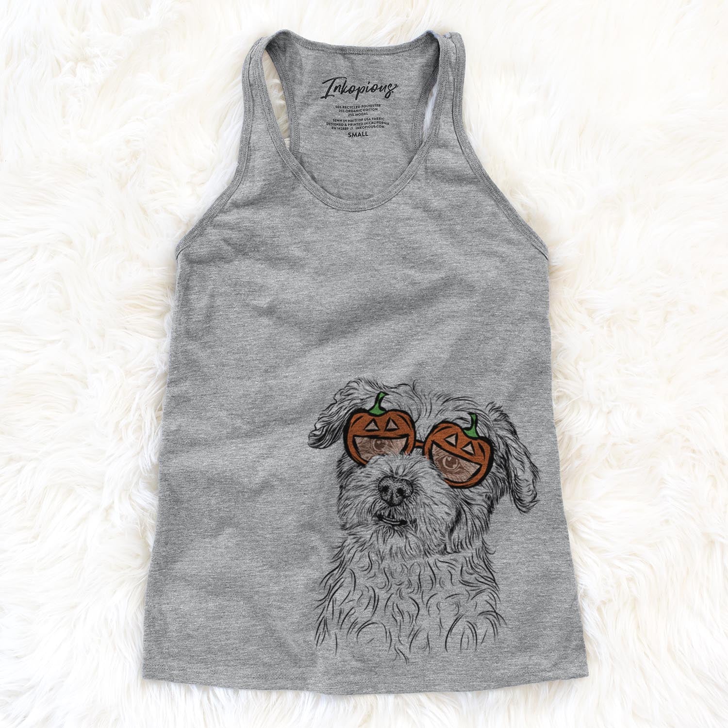 Hand-drawn sketch of Roxie the Schnauzer Shih Tzu Mix wearing pumpkin glasses on a Grey pumpkin collection